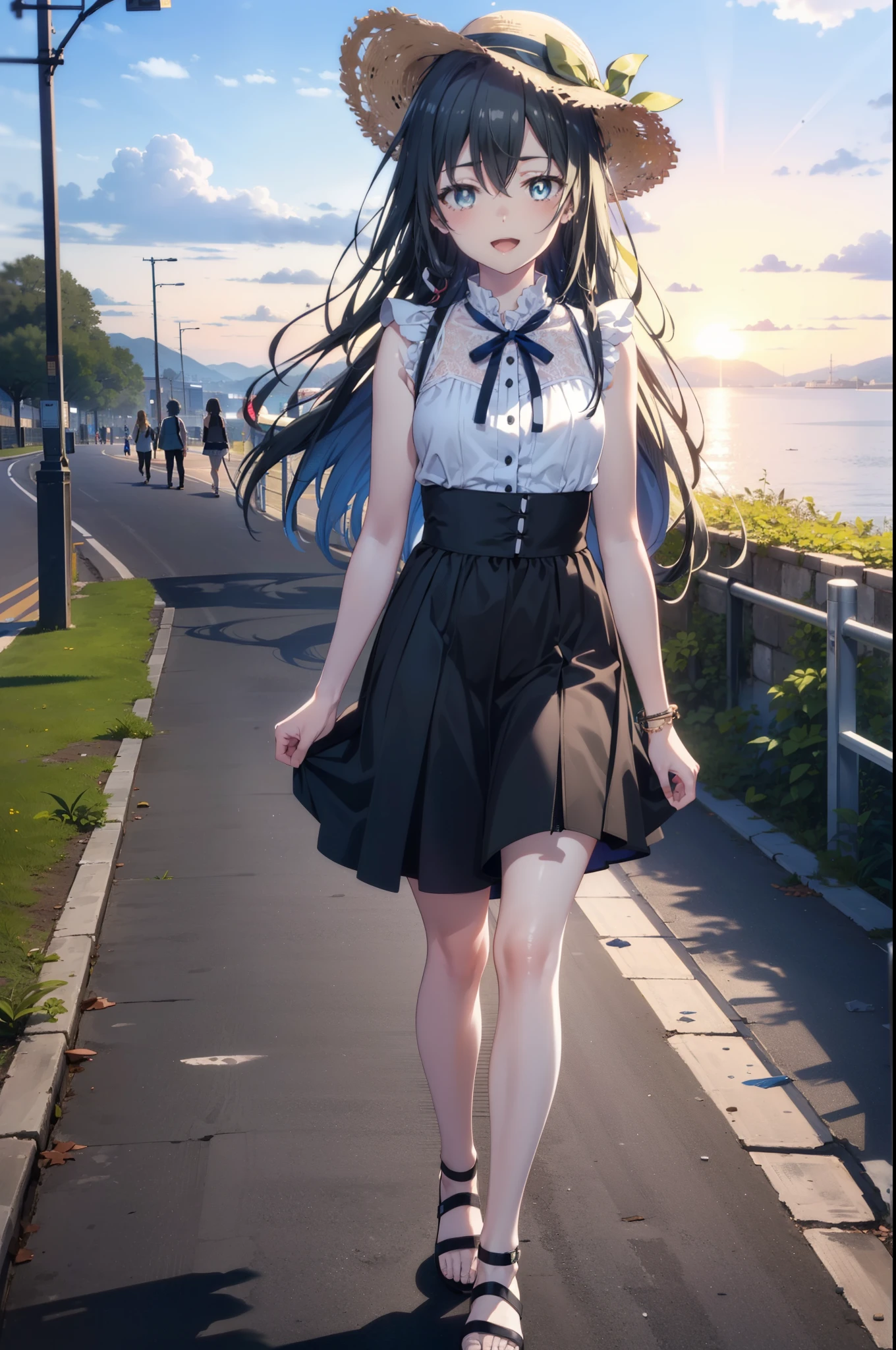 yukinoyukinoshita, Yukino yukinoshita, Black Hair, blue eyes, Long Hair,smile, Small breasts,happy smile, smile, Open your mouth,Straw hat,
, Sleeveless black dress,Black long skirt,Cute Sandals,walking,Real Summer,Daytime,sunny,whole bodyがイラストの中に入っていくように,evening,sunset,The sun is setting,
break outdoors ,Coastal Road　　　　　　　　　　　　　　break looking at viewer, whole body,
break (masterpiece:1.2), highest quality, High resolution, unity 8k wallpaper, (shape:0.8), (Beautiful and beautiful eyes:1.6), Highly detailed face, Perfect lighting, Highly detailed CG, (Perfect hands, Perfect Anatomy),