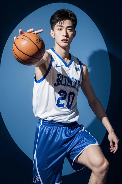 Basketball player in moonlight,Blue and white basketball shirt,He is a Chinese male athlete in his 20s.,Clear moonlight,The faces of the characters are clear,Delicate facial features,One-handed shooting action in the air,feet in the air