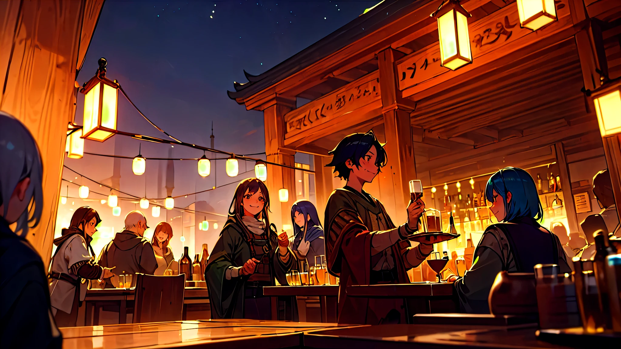 anime、Medieval Europe、Fantasy、a group of adventurers、smile、A lively tavern、bar scene、Warrior、Bard、Wizard、Celebrating with wooden mugs of beer、night、Lantern light