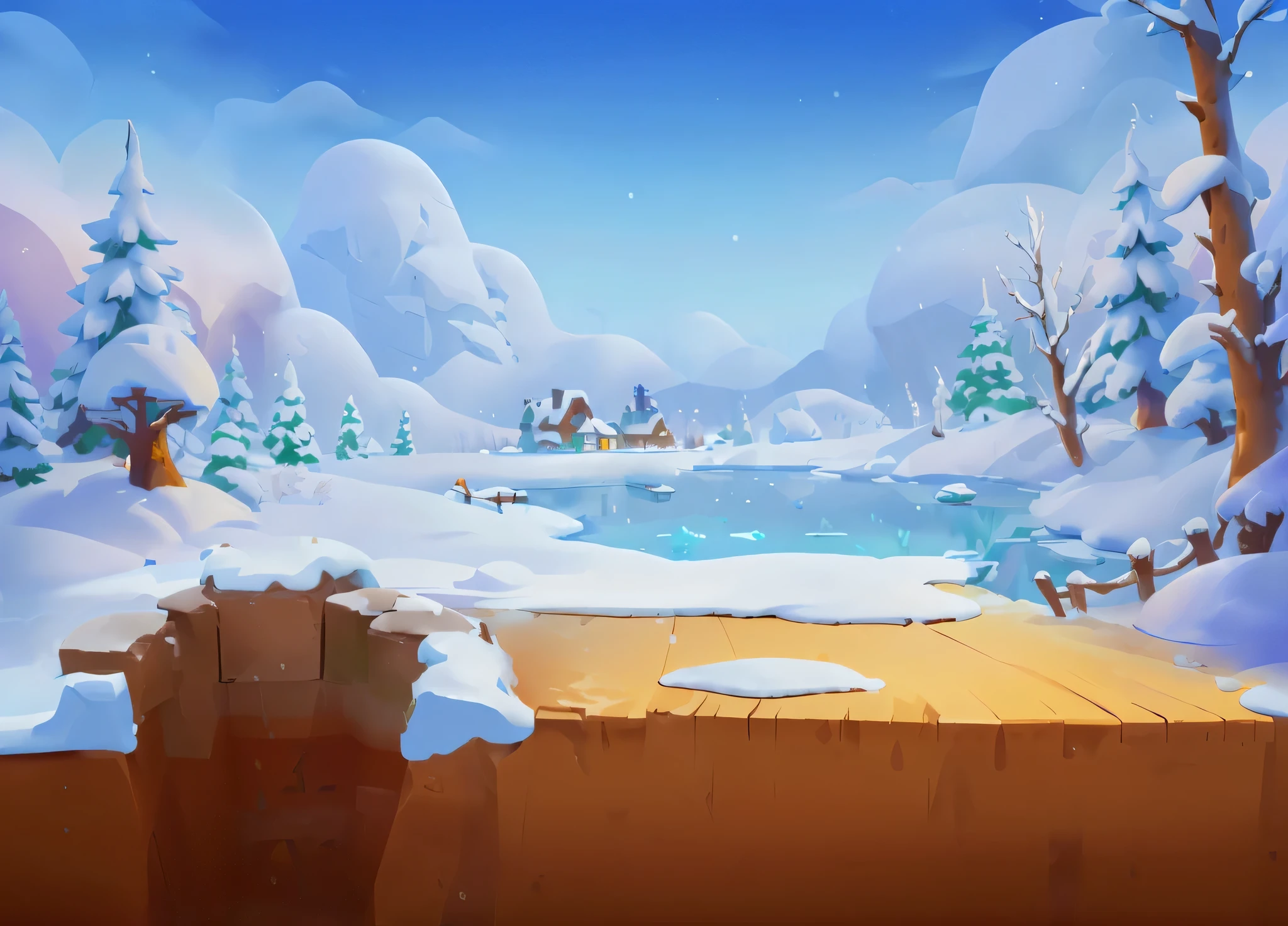 Snowy landscape with pond and trees in the foreground, Snow background, mobile Game Background, Winter concept art, 2D Game Art Background, background technology, Stylized background, Snowy environment, Frozen tundra background, stylized concept art, 4k hd wallpaper illustration, Winter park background, background technologywork, 2d Game Background, Game Background, Snow background