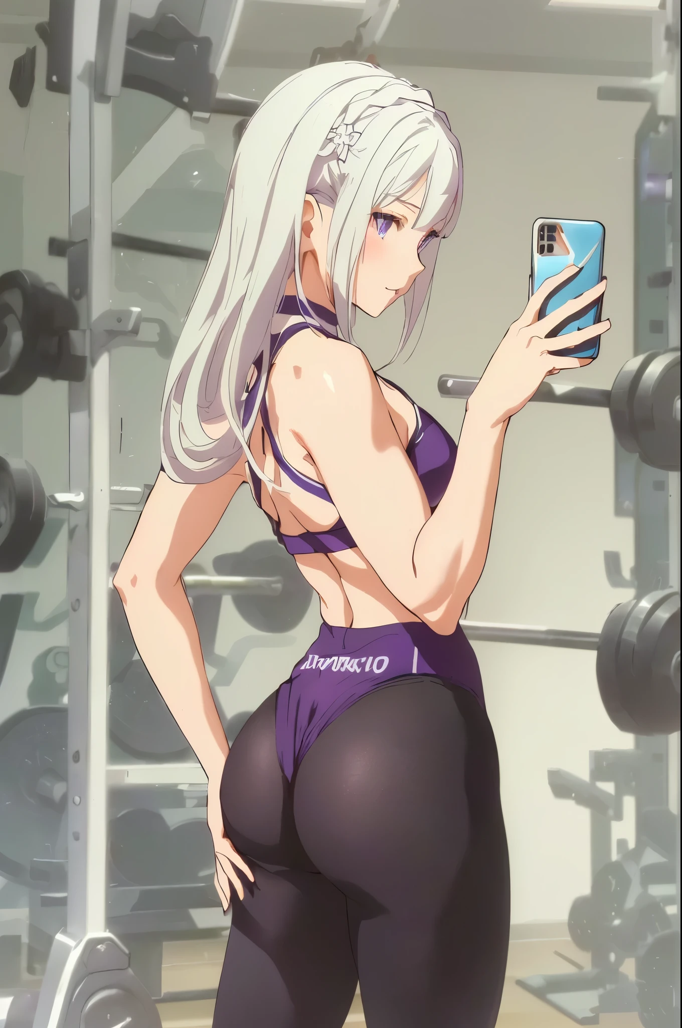 Emilia re:zero, purple eyes, Emilia, crown braid, x hair ornament, flower hair ornament, white hair, long hair, medium breasts, anime girl in black tights taking a selfie in a gym, thicc, toned derriere, in a gym, fit girl, beautiful anime girl squatting, working out, focus her back, thighs!!!!!!, bending over, thighs focus, thighs!!!, chun li at the gym, shapely toned derriere, silver hair (ponytail), muscular girl