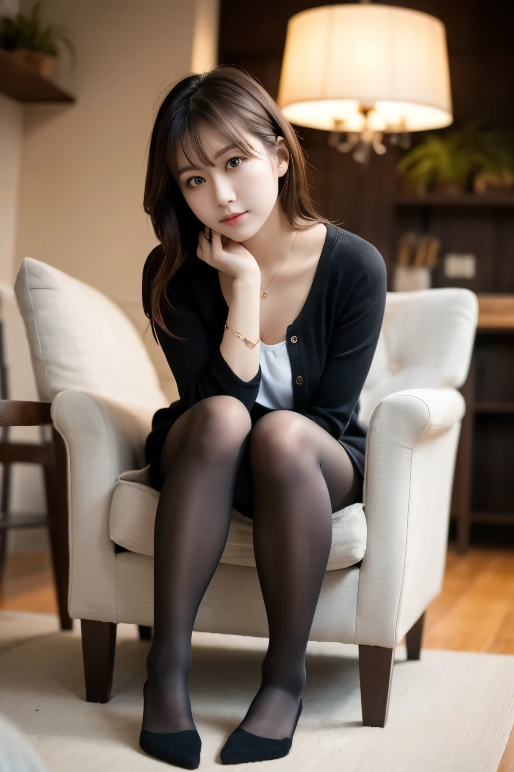 ulzzang-6500-v1.1, (RAW Photos:1.2), (Realistic Photo), Beautiful girl with attention to detail, (Realistic:1.4), Beautiful eye and face with High Detail, Beautiful eye with High Detail, Japanese , , (Ultra Realistic Pantyhose:1.2), No shoes, Sitting in a chair, (Ultra Realistic pantyhose:1. 2), No shoes, Toes, Sitting in a chair, Large file size, High resolution, very detailed, highest quality, [masterpiece:1. 6], figure, very detailed, Hmph, detailed, highest quality, 8k wallpaper, Cinema Lighting, One Girl, ************, Perfect figure, cute droopy eye, beautiful big eye, eye , (( Tabletop)), highest quality, 1 girl, eyehadow, ((Full Body Shot:1.4)),.