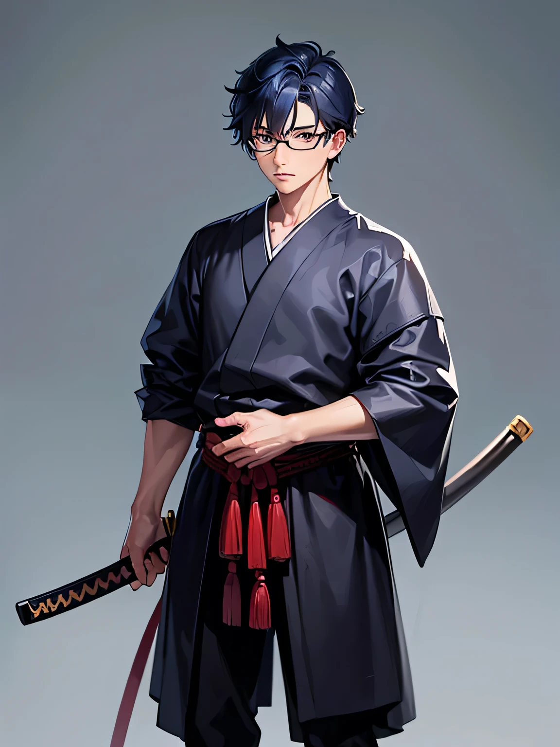 (masterpiece, highest quality, highest quality, Official Art, beautifully、aesthetic:1.2),One Man,Adult,samurai,Short blue hair,Thin black square glasses,fullbody、Brown eyes,simple background,hold katana