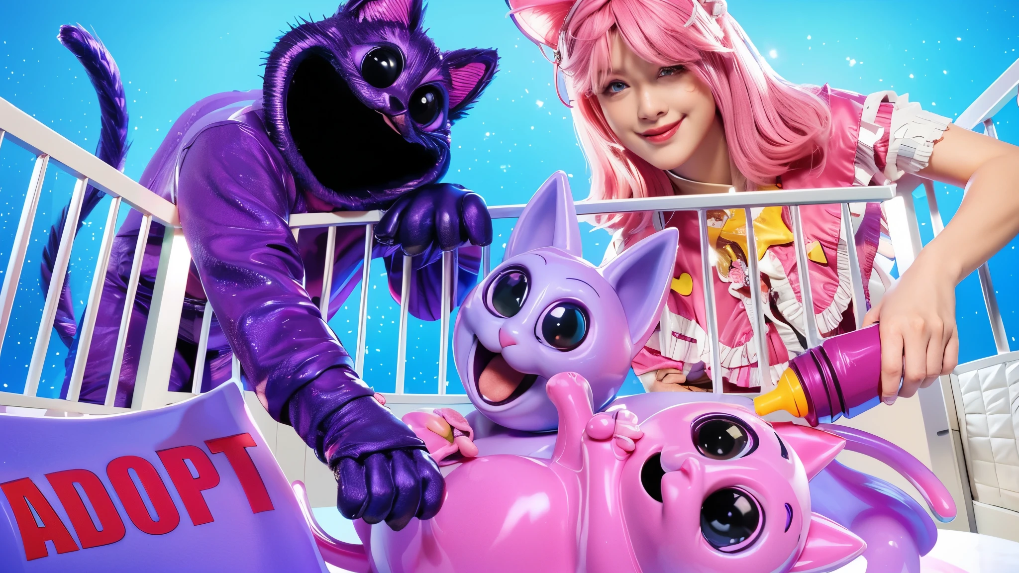 A woman with pink hair and a pink and purple outfit stands in a crib with two giant cats. The cats have big eyes and are pink and purple. The woman is holding a bottle. The background is blue. There is a sign that says \"ADOPT\" on the left. glossy texture, smooth 3d model, multiple light sources, rim light, sharp post effects render, (glossy plastic texture with multiple big light probe refractions), perfect cgi, smooth silhouette, high intensity refraction, (super glossy material), most beautiful vfx, blue background, plastic refractions, realistic, 4k, high resolution, rim light, photo shoot, commercial photo, profile shot, 4k, rim light, high resolution, 4k, glossy texture, smooth 3d model, multiple light sources, rim light, sharp post effects render, (glossy metallic texture with multiple big light probe refractions), perfect cgi, cgi art created only with gradients, smooth silhouette, high intensity refraction, (super glossy chrome material), most beautiful vfx, blue background, chrome metal refractions, multiple light sources, rim light, sharp post effects render, perfect cgi, digital art, detailed digital art, reflective, best quality, 4k, masterpiece:1.2, ultra-detailed, realistic, vivid colors, dark and moody lighting, The image of the highest quality, ensuring every detail showcased perfectly. It in 4k resolution, allowing viewers to immerse themselves in the richness of the colors and intricate details. The realistic rendering. under the spotlight, reflecting, high-resolution image, realistic rendering, dark background, and rim light photorealistic