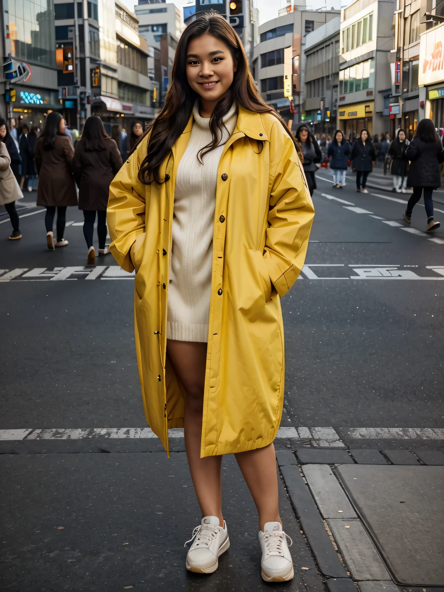 plus size Indonesian woman 174 tall, , long wavy dark brown hair, perfect smile, perfect eyes, wearing a yellowcoat jacket. panoramic angle shot, Wearing white shoes, pose walking at the Shibuya intersection, surrounded by people. Afternoon. Sunset, winter