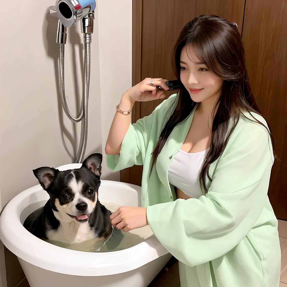 Female owner taking a bath and drying wet dog with hair dryer