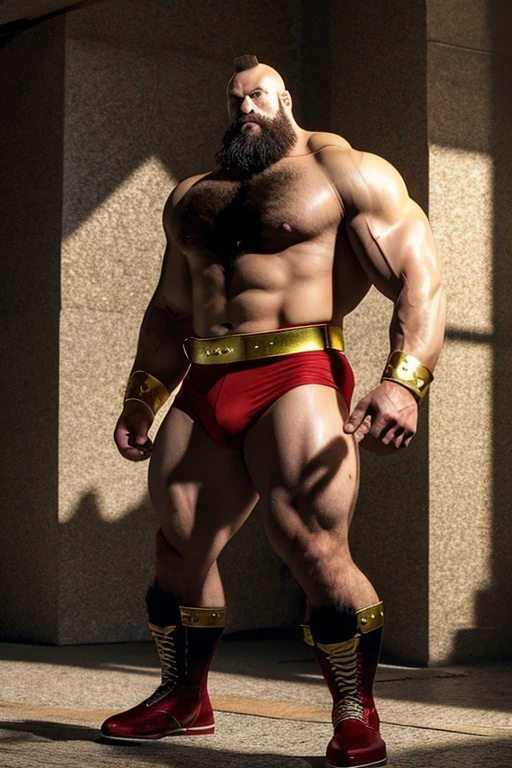 zangief,a man with a beard and a golden belt, fighting game character, street fighter 5,muscled humanoid,heavy looking,buff man,wrestler,Red short briefs,capcom,street fighter,shirtless,muscular male,chest hair,visually weighty,bearded man,mohawk hair,scar,no wristband,Red Wrestling Boots,muscular arms, muscular legs, tall and imposing stature, wearing a police uniform, with a stern and intimidating expression on his face. Detailed facial features, including a strong jawline, thick eyebrows, and a clean-shaven head. The police uniform is crisp and well-fitted, with a metal badge and shiny buttons. The scene is set in a bustling city street, with the old man standing tall and commanding respect. The lighting is dramatic, casting bold shadows and highlighting the contours of his muscles. The color tone is dark and moody, enhancing the serious and authoritative atmosphere. The image quality is of the best quality, with high resolution and ultra-detailed features. The overall style is realistic and professional, capturing the essence of a strong and dedicated police officer. 