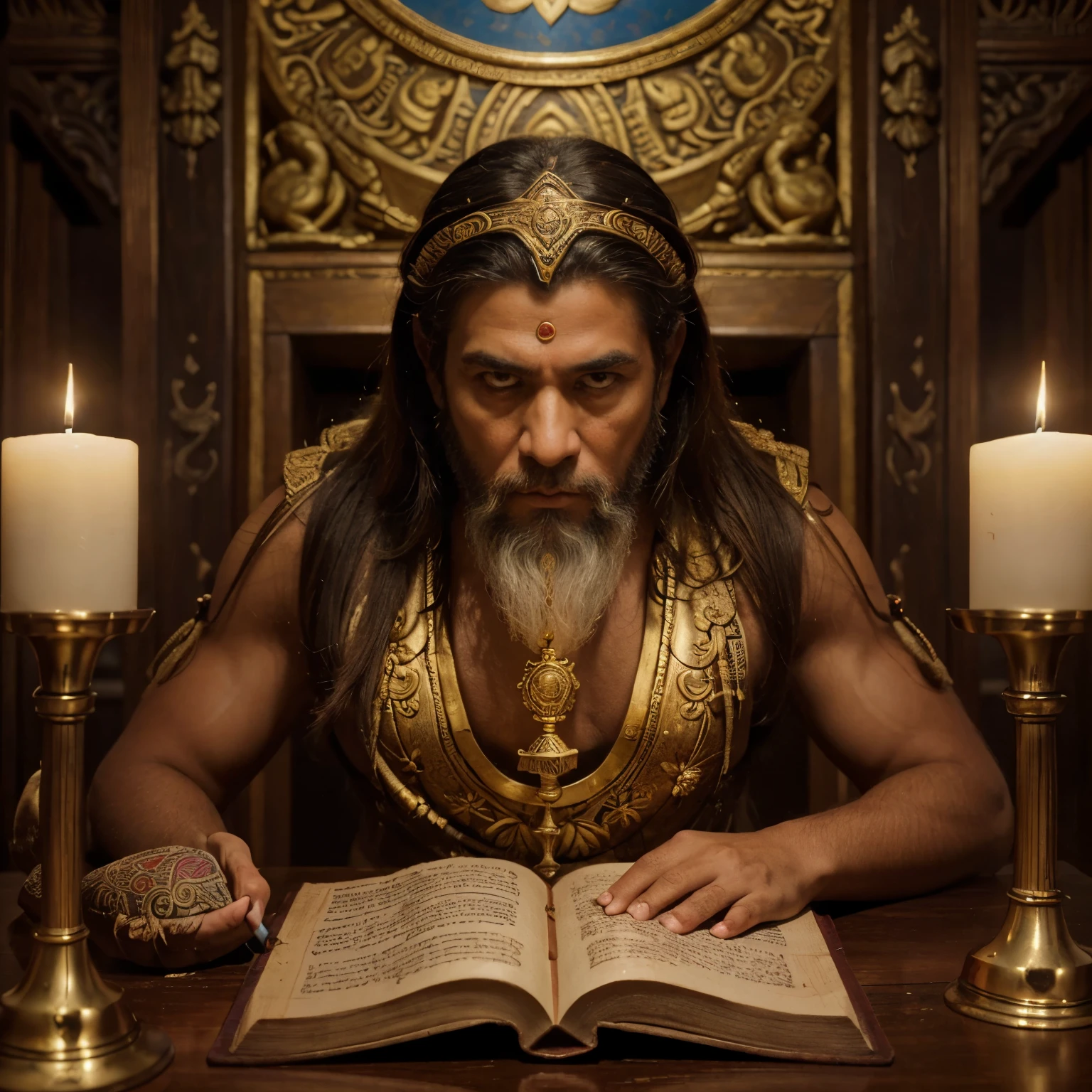 (best quality,4k,8k,highres,masterpiece:1.2),ultra-detailed,realistic,portrait,ramayan,philosophy,mythology,painting,Hanuman,monkey god,long tail,faithful devotee,holy book,antique book,pen,writing desk,classical literature,scholar,studying,PhD,deep thinking,scrolls,ancient scriptures,traditional clothes,religious symbol,wisdom,ancient knowledge,vivid colors,wisdom seeker,detailed textures,candlelight,peaceful atmosphere,aged paper,meticulous brushstrokes,divine aura,sacred art,serenity,spiritual enlightenment