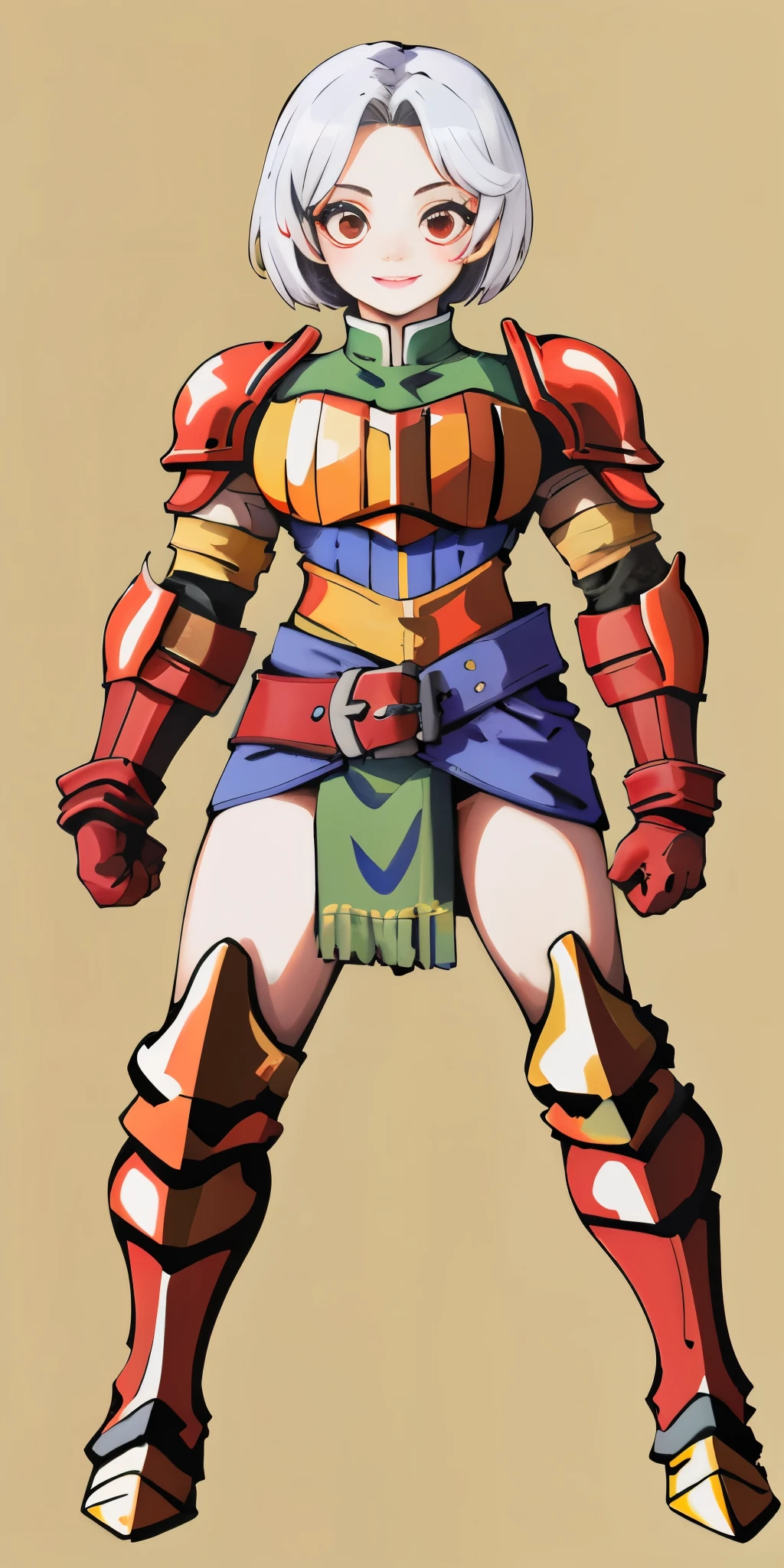 (masterpiece, best quality, 4k, 1girlsolo, 1MILF, mmplatz, smile, red cheeks, plain background:1.2) perfect face, perfect lighting, mature whsororitas with gloves red gauntlets in her hands like Cammy White from Street Fighter, bob white hair, warhammer 40k power armor suit with loincloth, red eyes like rubies, full body RED armor, view from below, looking to the viewer, arms to the sides empty hands, RED military boots, silver skull ornament attached to crossing 2 belt wide hips, 2 long legs, Female Knight (Final Fantasy Tactics)