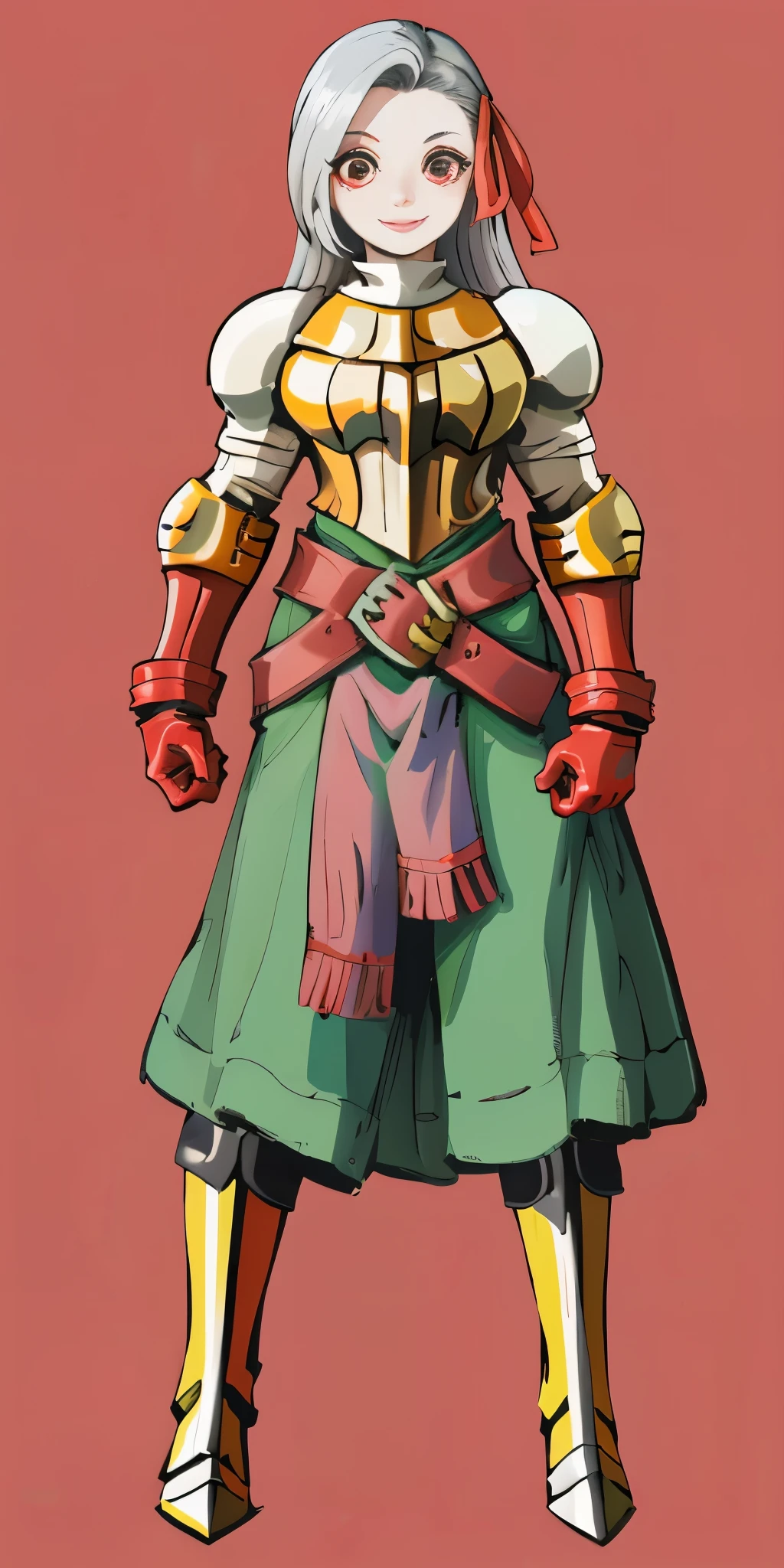 (masterpiece, best quality, 4k, 1girlsolo, 1MILF, mmplatz, smile, red cheeks, plain background:1.2) perfect face, perfect lighting, mature whsororitas with gloves red gauntlets in her hands like Cammy White from Street Fighter, bob white hair, warhammer 40k power armor suit with loincloth, red eyes like rubies, full body RED armor, view from below, looking to the viewer, arms to the sides empty hands, RED military boots, silver skull ornament attached to crossing 2 belt wide hips, 2 long legs, Female Knight (Final Fantasy Tactics)