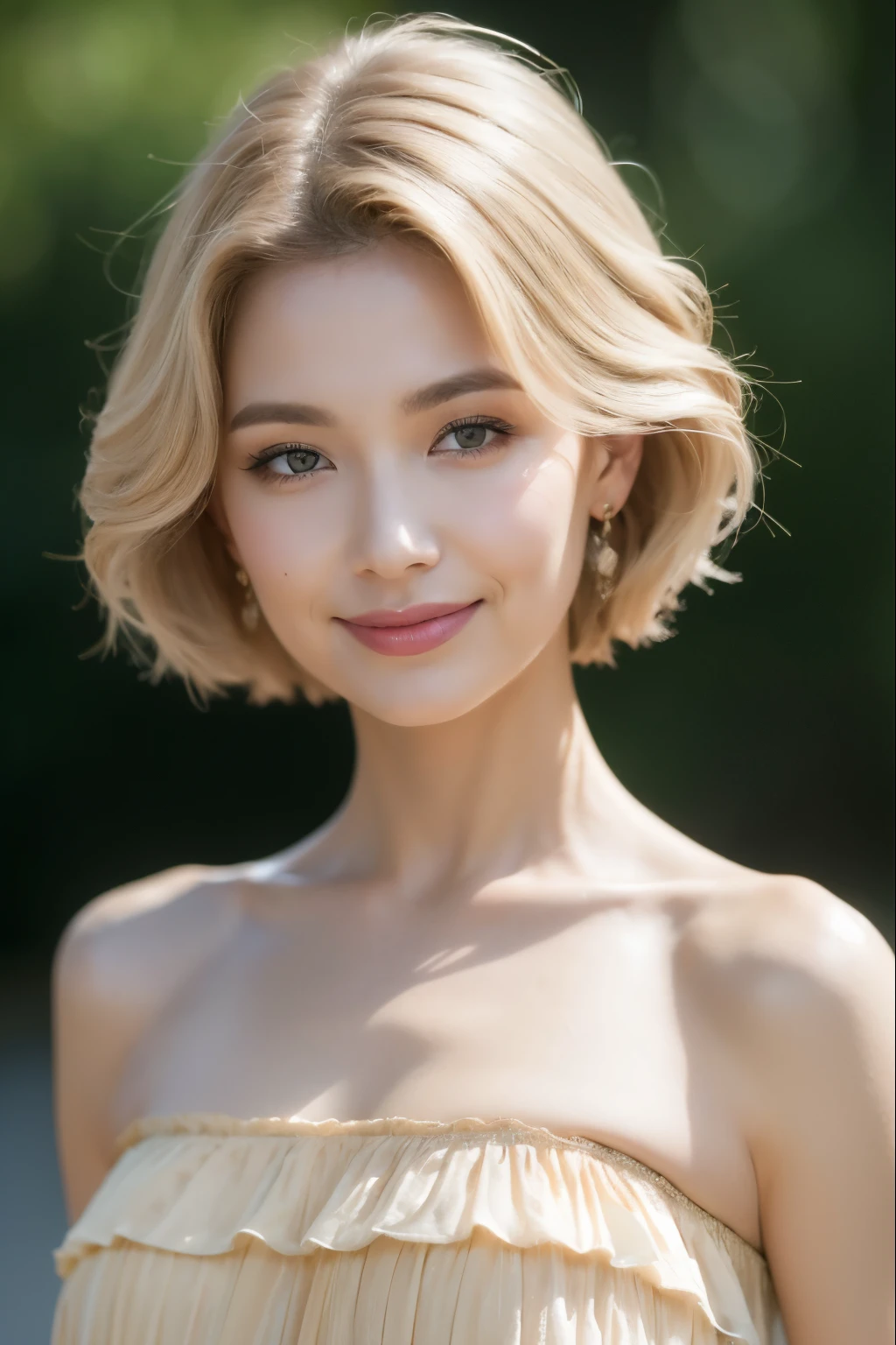 ((Best quality, 8k, masterpiece:1.3)), Key Points:1.2, Beautiful woman with perfect body:1.4, Upturned buttocks:1.2, ((Cut your hair into layers:1.2)), (Medium breasts),(Bandeau dress:1.5), Highly detailed face and skin texture, Delicate eyes, Double eyelids，Skin Whitening，White hair,(Shut up:1.3)，Smile，European Beauty