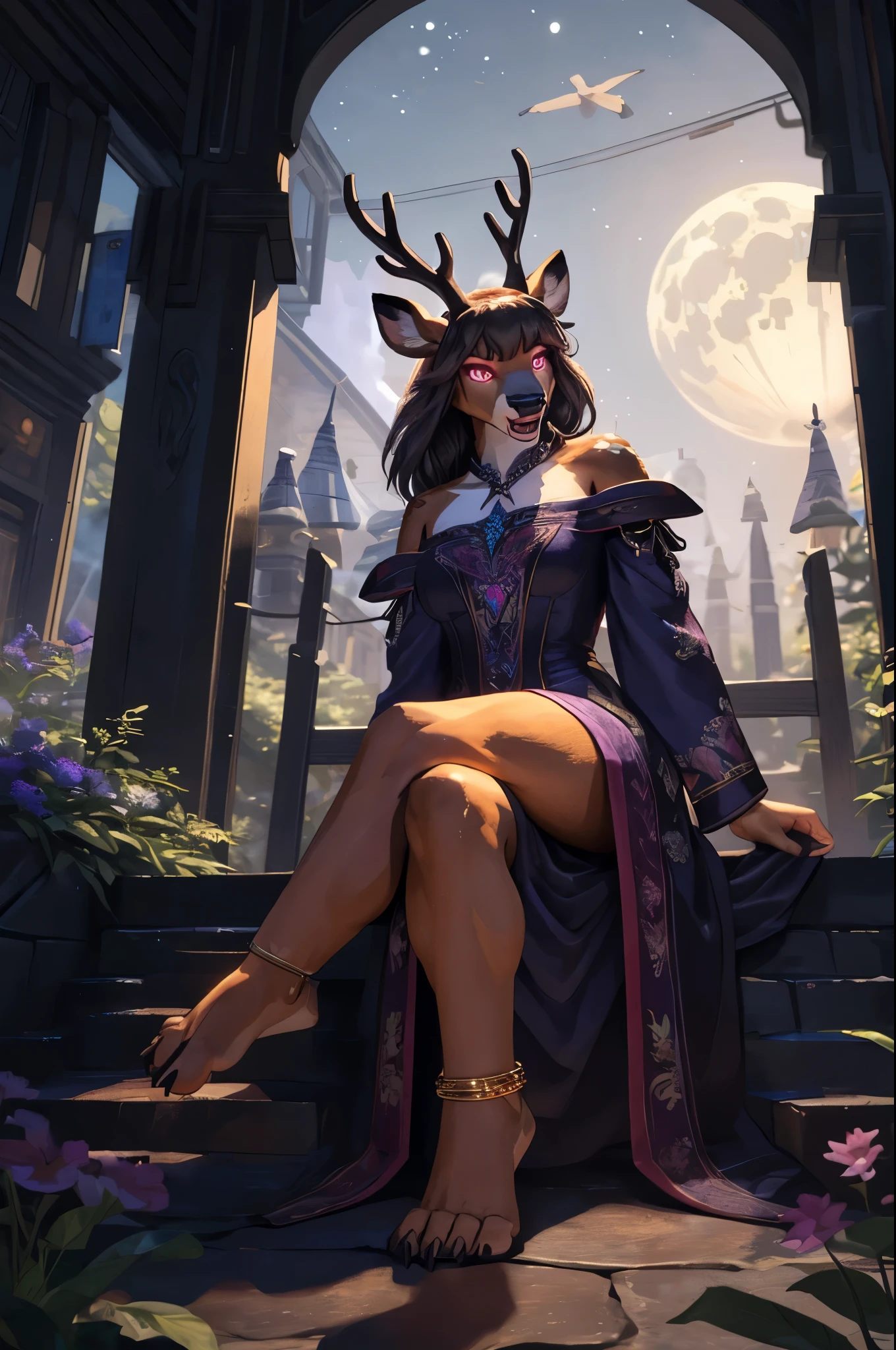 (((Barefoot furry character, full body, cinematic setting, furry female, plantigrade))), ((deeply hypnotised and extremelly drooling deer)) anthro with deep ((purple fur)), (wide open mouth) and glowing ((violet eyes)) in trance. Dressed in flowing, dark robes with belladonna flower motifs. The figure sits barefoot with crossed legs and showing ((nice feet)) in a moonlit forest surrounded by eerie nightshade plants, with ripe berries and ethereal moonlight casting shadows. The atmosphere evokes mystery and danger. BREAK, detailed background, 8K, (masterpiece:1.5), intricate details, highly detailed, extreme detail, octane render, fine art, best quality, highres, (detailed face:1.5), ((full_body)), UHD, (((perfect hands))), low light, (((SFW))), (((perfect feet)))