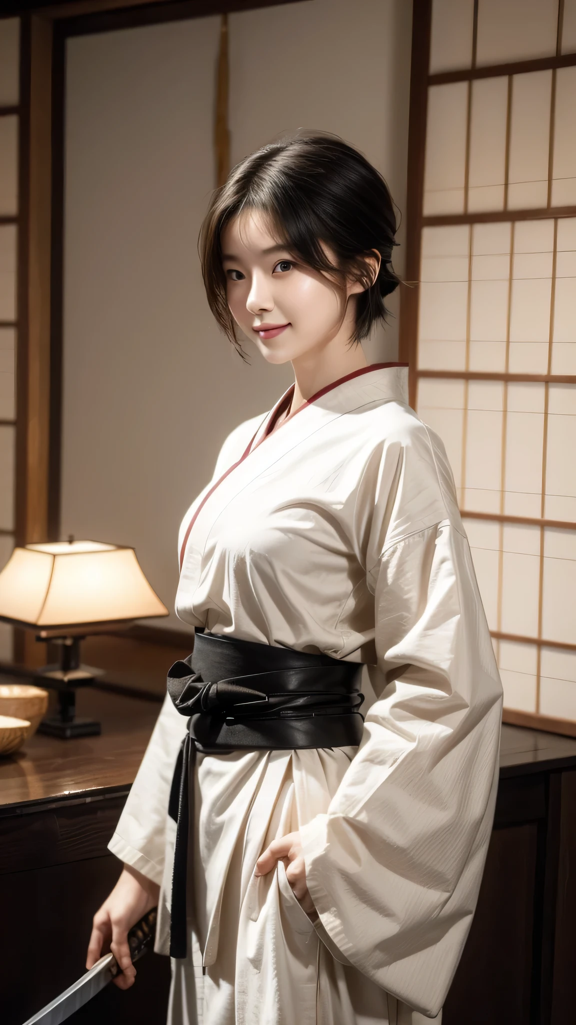 1 Girl, Solitary, Japanese clothes, short hair, arms, sword, Brown eyes, Looking at the audience, kimono, Brown hair, Lips, Hands on Hips, sheath, Smile, Samurai sword, Black Hair, Upper Body, Shut up, sheathed, hands up  