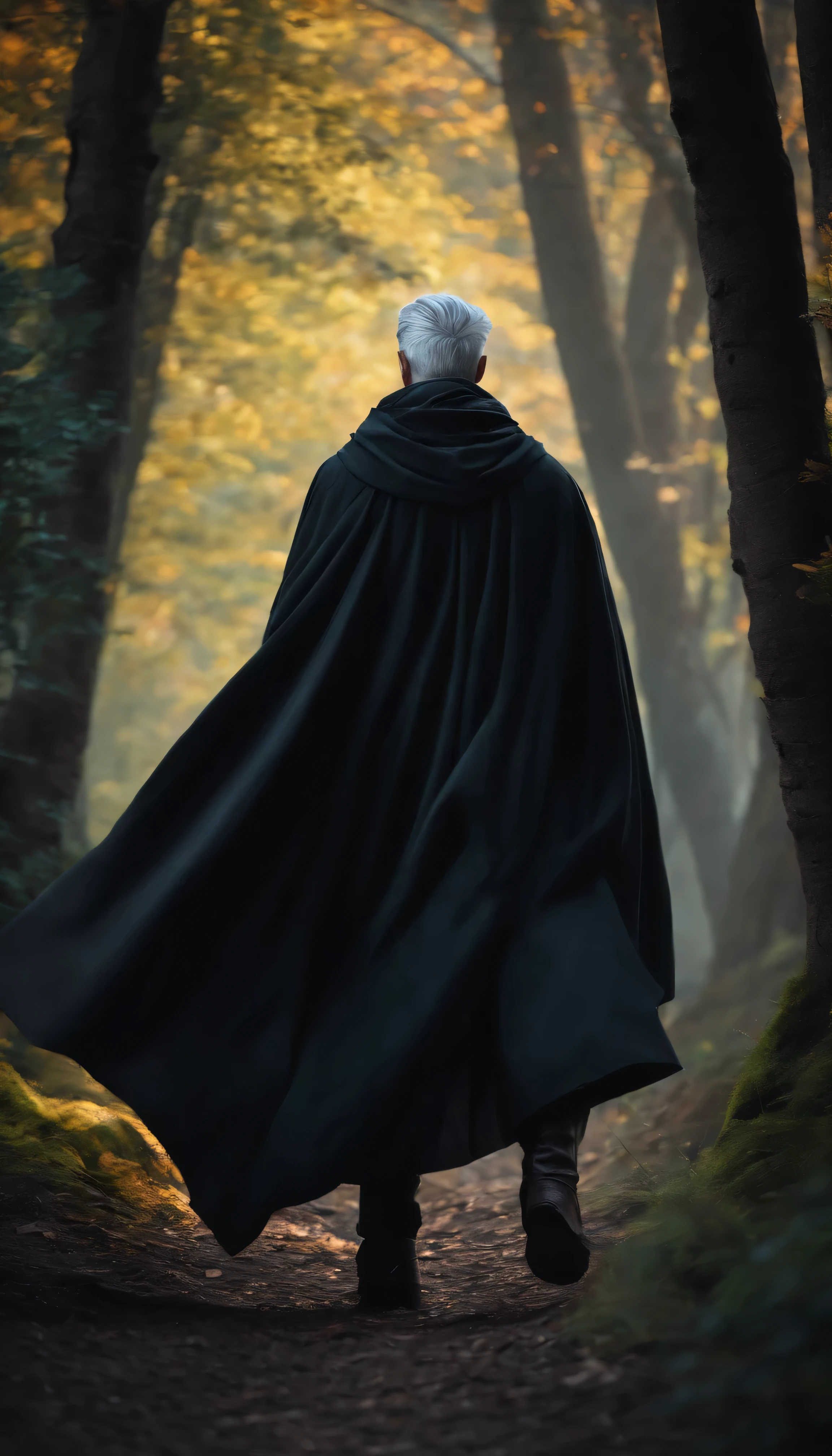 A young male wizard with black cloth with short grey hair from behind, charging mana in the medieval forest background