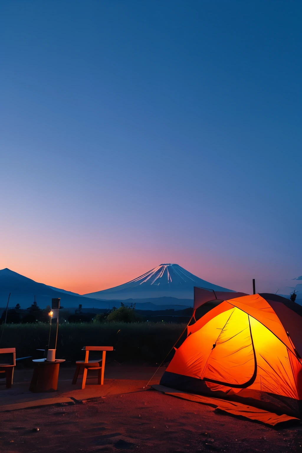 Campsite with a view of Mt. Fuji、Beautiful sunset Japanese anime style