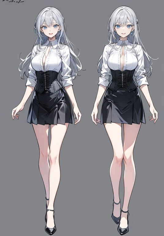 silver hair,Long hair,Adult female,Bartender,((Rolling up your sleeves shirt)),(Corset),(Tight skirt),High heels,((Simple background)),Smile,((Full body)),((whole body)),Character Sheet,Arms slightly open