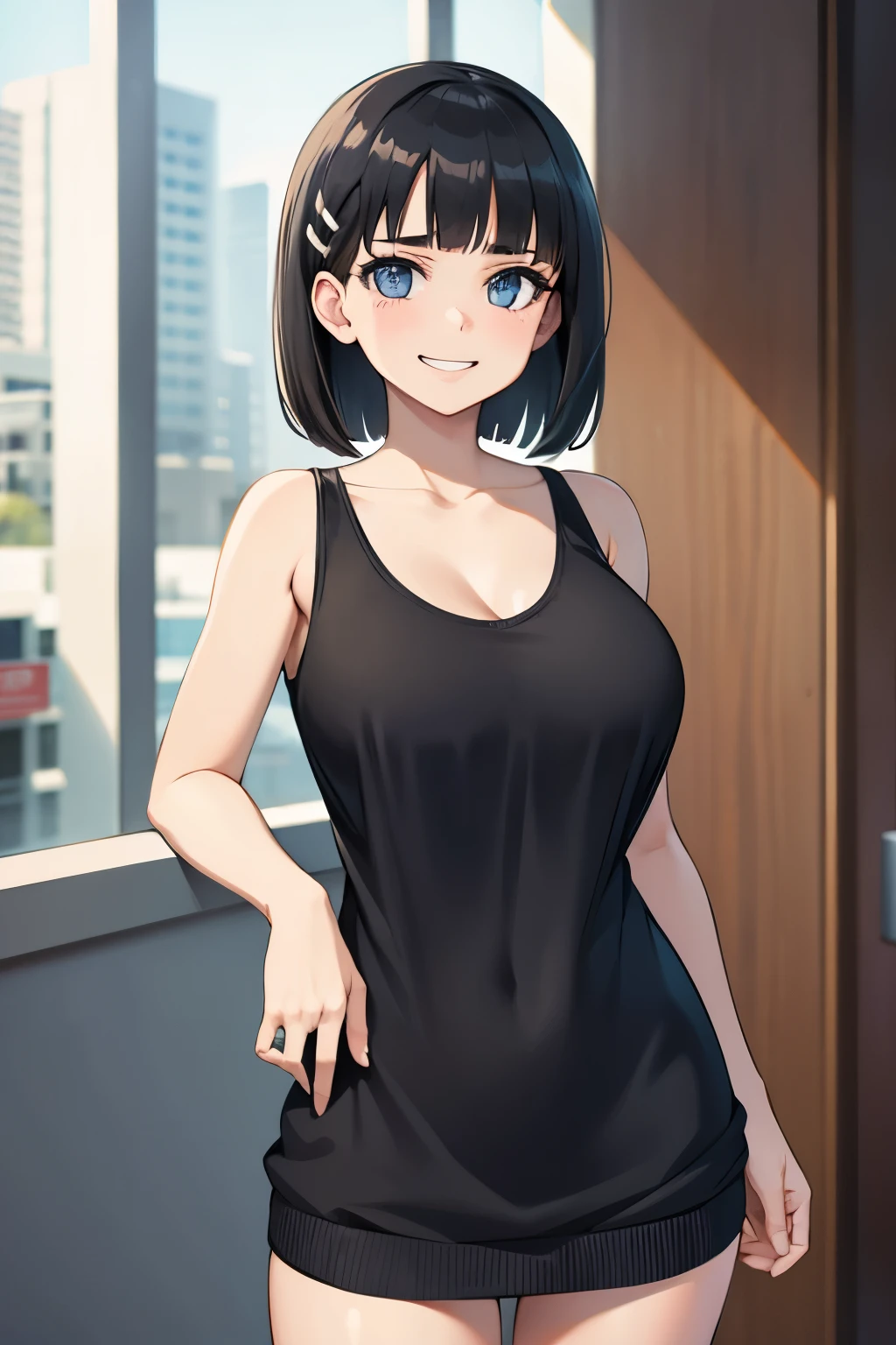 1 hot girl, dark hair, dark grey eyes, grin, gorgeous, aasugu, short hair, hairclip, sweater dress, sleeveless, bare legs, large breasts