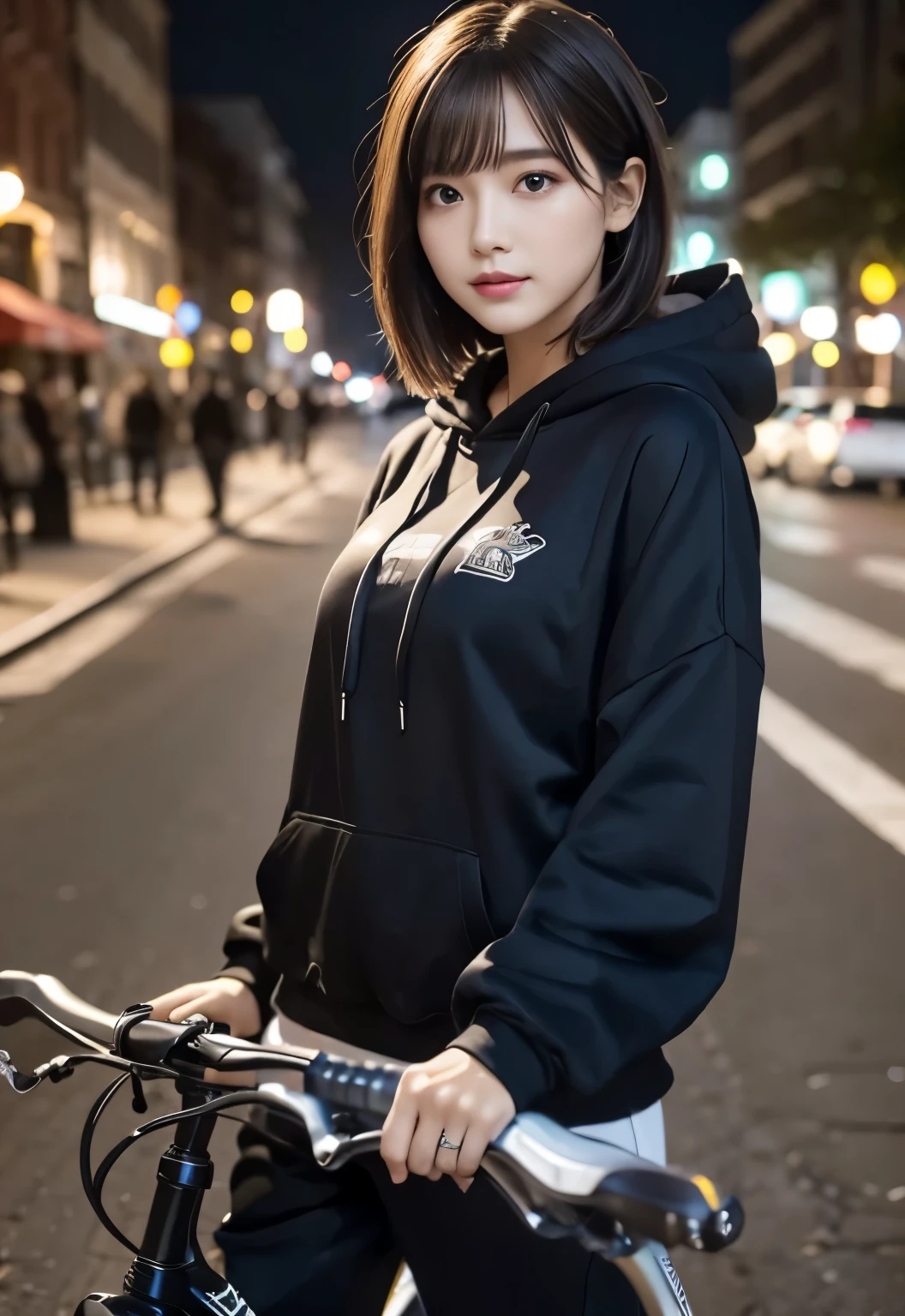 masterpiece, best quality:1.1), (8k, raw photo, photo realistic:1.2, f22), (shiny skin), detailed skin,Medium Bob,detailed face, detailed eyes,BREAK, real world, intricate details, smil, BREAK, 1girl, full body,(hoodie,pants)BREAK, (City of night,bike:1.4)
