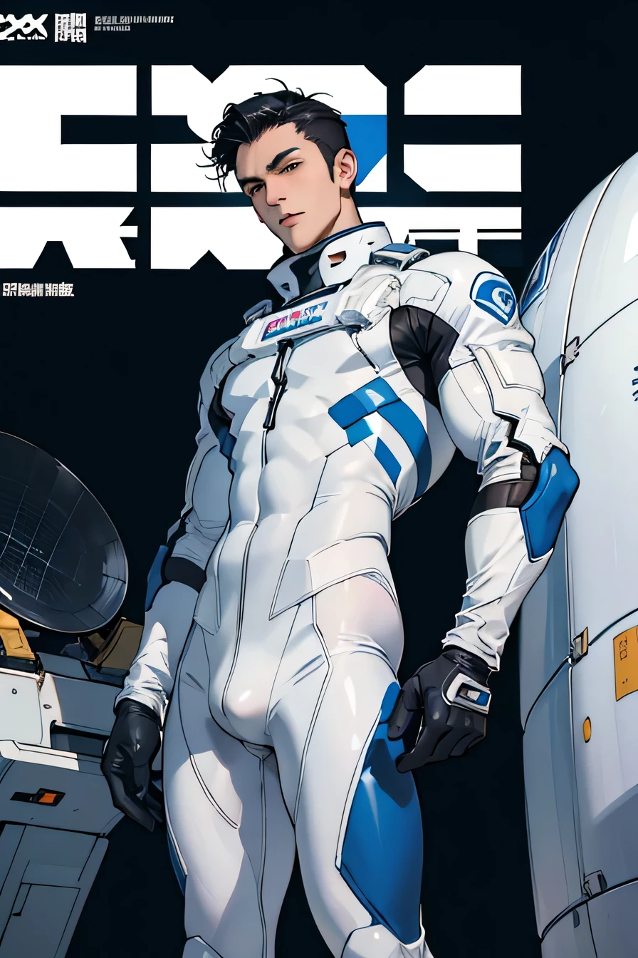 Handsome A refreshing 22-year-old male Japanese model Short black hair cut Short Hair A tight rubber suit that is all white with a touch of blue Compression suit full body White gloves Male slim muscular man Big bulge Photo looking down Realistic images Powerful pose Future World Various instruments Walk towards the camera Science fiction Magazine Cover Space-related Magazine Cover