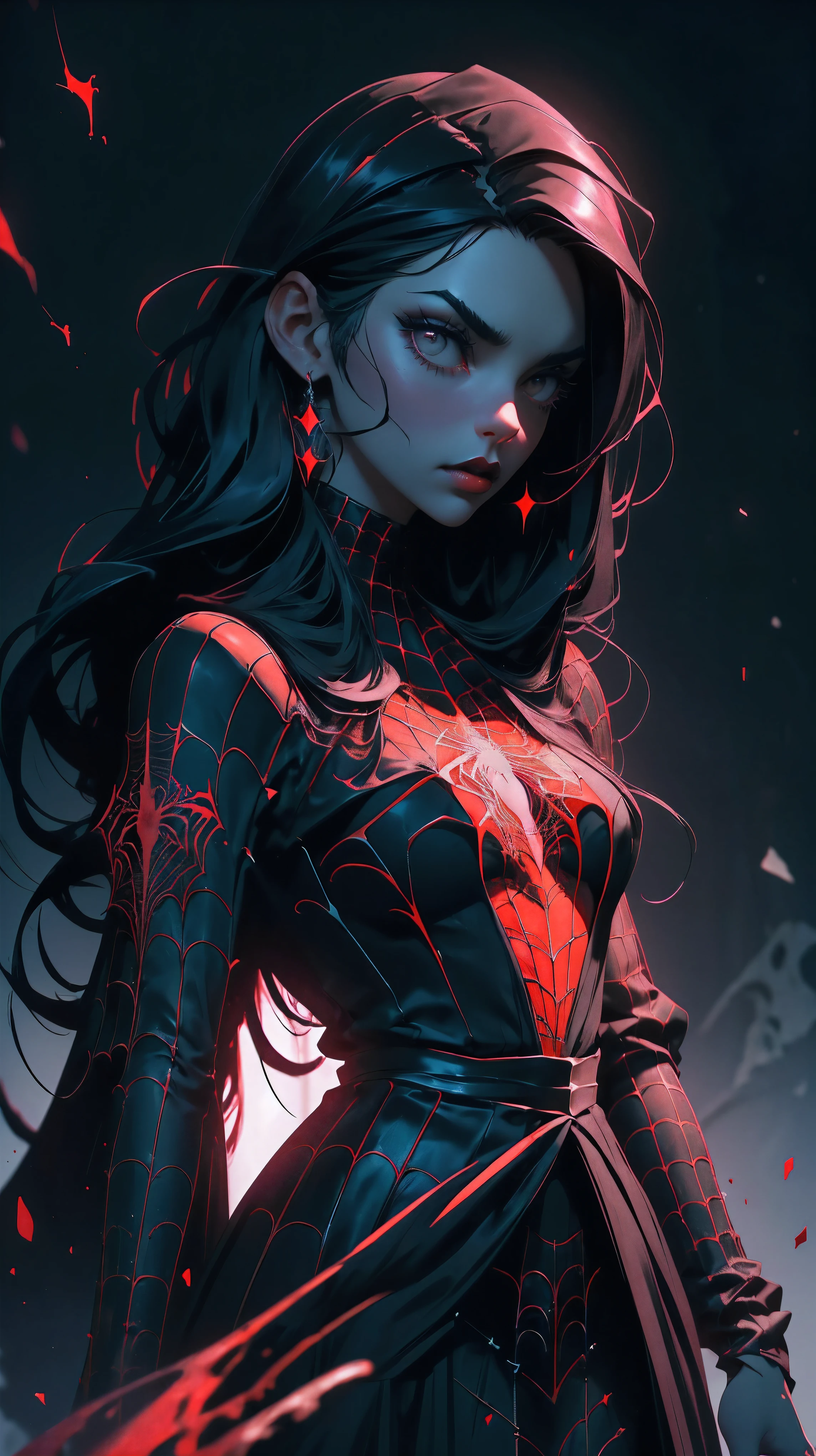 (a girl with long black hair,beautiful black dress,red lips,holding a spider,spiderweb on the background),dark fantasy art,(8k,high detailed,high realism),vivid colors,portrait style,studio lighting,dramatic lighting,sharp focus