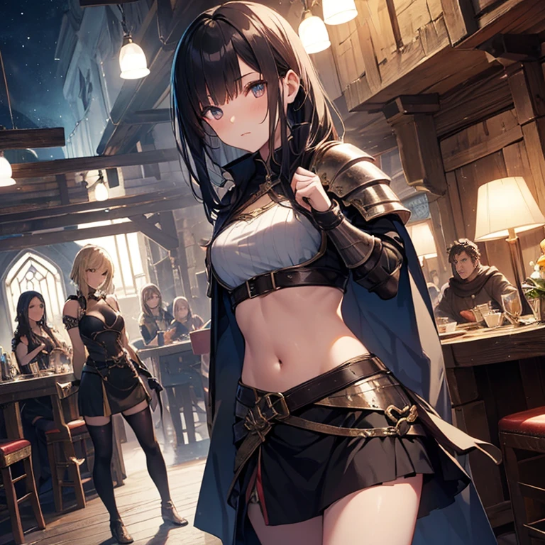 A group of female medieval fantasy adventurers, (in tavern), various hair styles, harem, night, details face, short skirt, seducing, sleeveless, armor, midriff