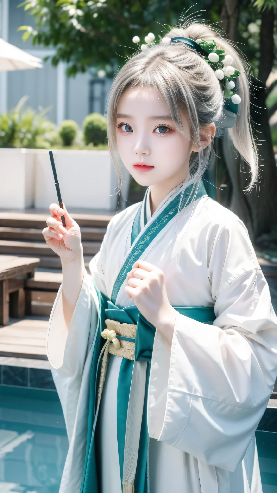 Hanfu, (Ru_group), Tree, pool, white hair, Green Eyes, Nashida_Genshin Impact, child, masterpiece, best quality