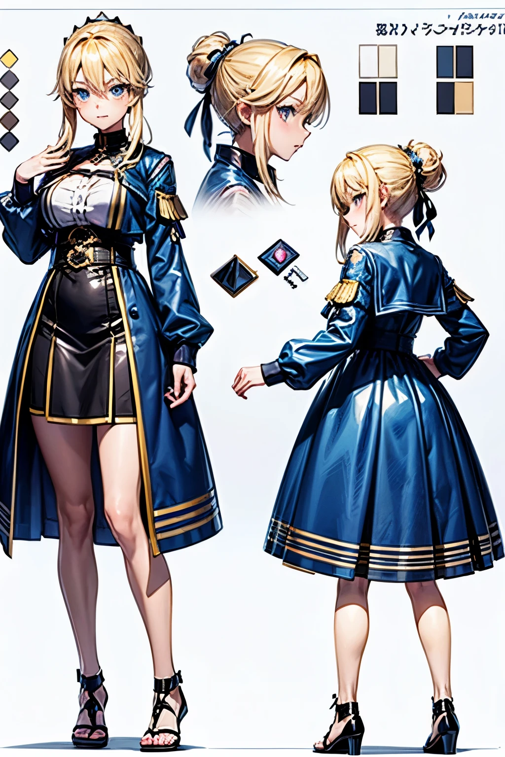 Anime Character Design, anime key visual concept art of, Anime VTuber Full Body Model, Design Sheet, Anime full body illustration, Live2D Virtual Youtuber Model,high school girl,Character portrait,wearing , Shy girl, outline!!!, One girl, 18 years, Sexy body, Thick thighs, Anime girl with blonde hair and blue eyes in a blue dress, Shining Eyes,Original character sheet, Pose reference, The same character drawn from a different angle, 8k,high quality, High resolution, 4K, hd,(Well designed face), Great face, (Very detailed), Beautiful Eyes, All images must be full body, There must be a total of 3 images, One person should be in front, Back and side view, Use the manga style, All the pictures must be of the same girl, Must be all sizes,Artoria Pendragon