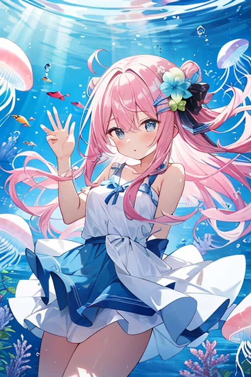 jellyfish、光るjellyfish、Aquarium、girl、In the water、Spreading hair、Aquarium、Pink transparent hair color、colorful、Beautiful colors、Neon color、blue sky