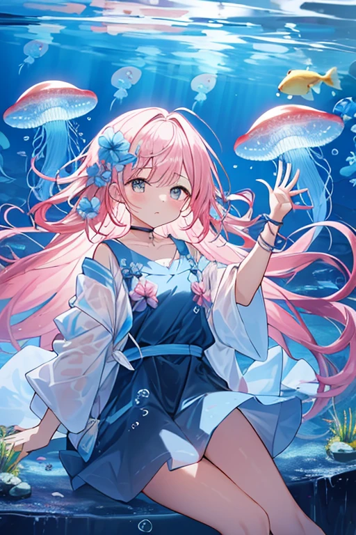 jellyfish、光るjellyfish、Aquarium、girl、In the water、Spreading hair、Aquarium、Pink transparent hair color、colorful、Beautiful colors、Neon color、blue sky