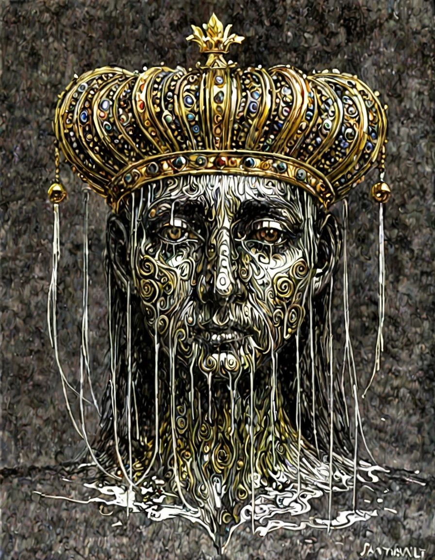 A beautiful 3D rendering of a liquid headdress in the style of the Bengal School of Art, inspired by John Henry Twachtman and zdzislaw Beksinski. The headdress is made of a flowing, shimmering liquid that changes color as it moves. The liquid is shaped like a crown and is adorned with intricate, floral patterns. The background is a dark, moody landscape with a full moon in the sky.