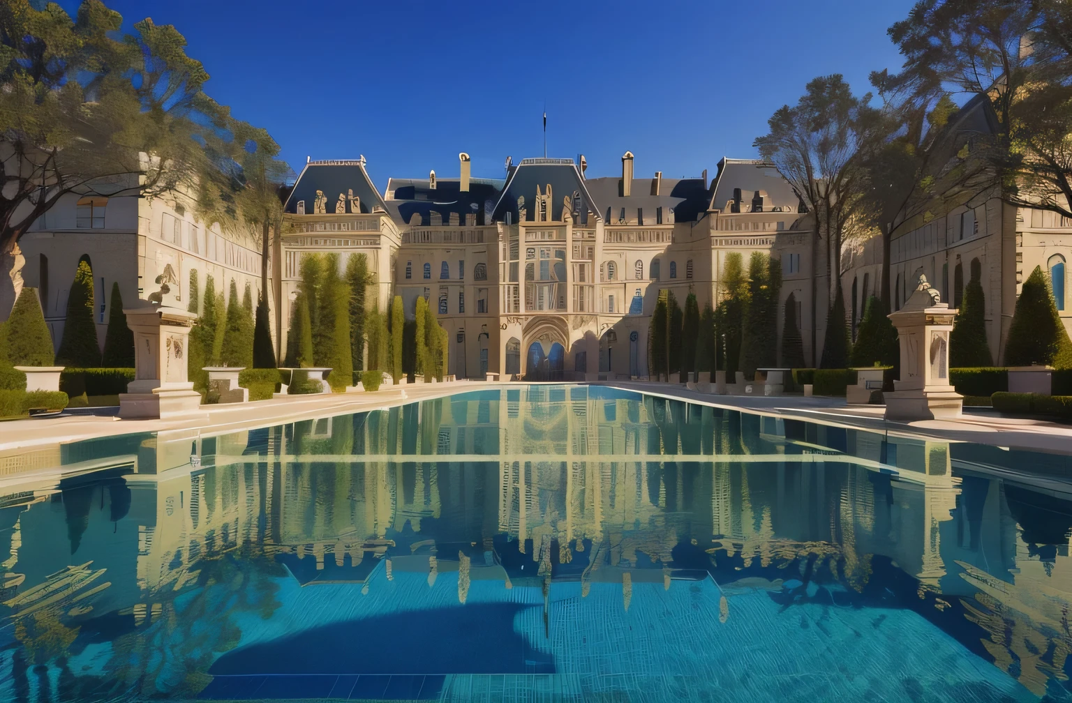 there is a large pool in front of a large building, huge building, building, Luxury Castle, masterpiece ”, masterpiece&quot;, masterpiece&#39;, A pool in a huge palace, Stunning and magnificent architecture, Luxury Building, A magnificent masterpiece, beachfront building, Frontal long shot, decadent, In grand, Luxury Lifestyle, luxury, gothic building, Gorgeous hideaway, Thrilling Realism，Greentown Rose Garden
