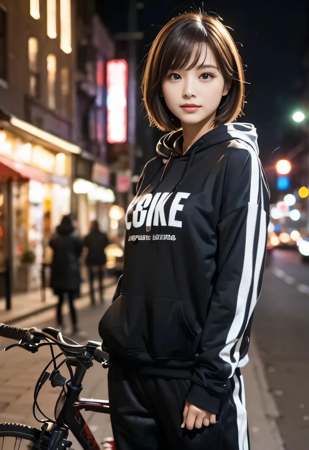 masterpiece, best quality:1.1), (8k, raw photo, photo realistic:1.2, f22), (shiny skin), detailed skin,Medium Bob,detailed face, detailed eyes,BREAK, real world, intricate details, smil, BREAK, 1girl, full body,(hoodie,pants)BREAK, (City of night,bike:1.4)