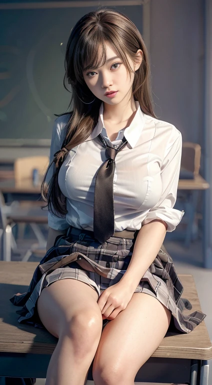 ((Mastepiece)), ((highest quality)), ((High resolution)), ((Highly Detailed CG Unity 8K Wallpaper)), Tachibana Drama, 黒のPleated skirt,Plump big breasts , Classroom、software, highest quality、masterpiece、Detailed Background、office、Medium Bob Hair、Beautiful light brown hair、Beautiful light brown eyes、High school uniforms、White blouse、Pleated skirt、Sit on a desk with your legs apart、I can see her panties、