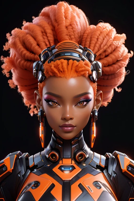 a close up of a woman with orange hair and a black outfit, afro futuristic, fashionable futuristic woman, afrofuturistic, futuristic hairstyle, portrait beautiful sci - fi girl, futuristic woman portrait, african female android, retrofuturistic female android, afrofuturism style, 3 d render character art 8 k, beautiful cyberpunk woman model, portrait of a cyborg queen, sci fi female character, sci fi buildings in background, 