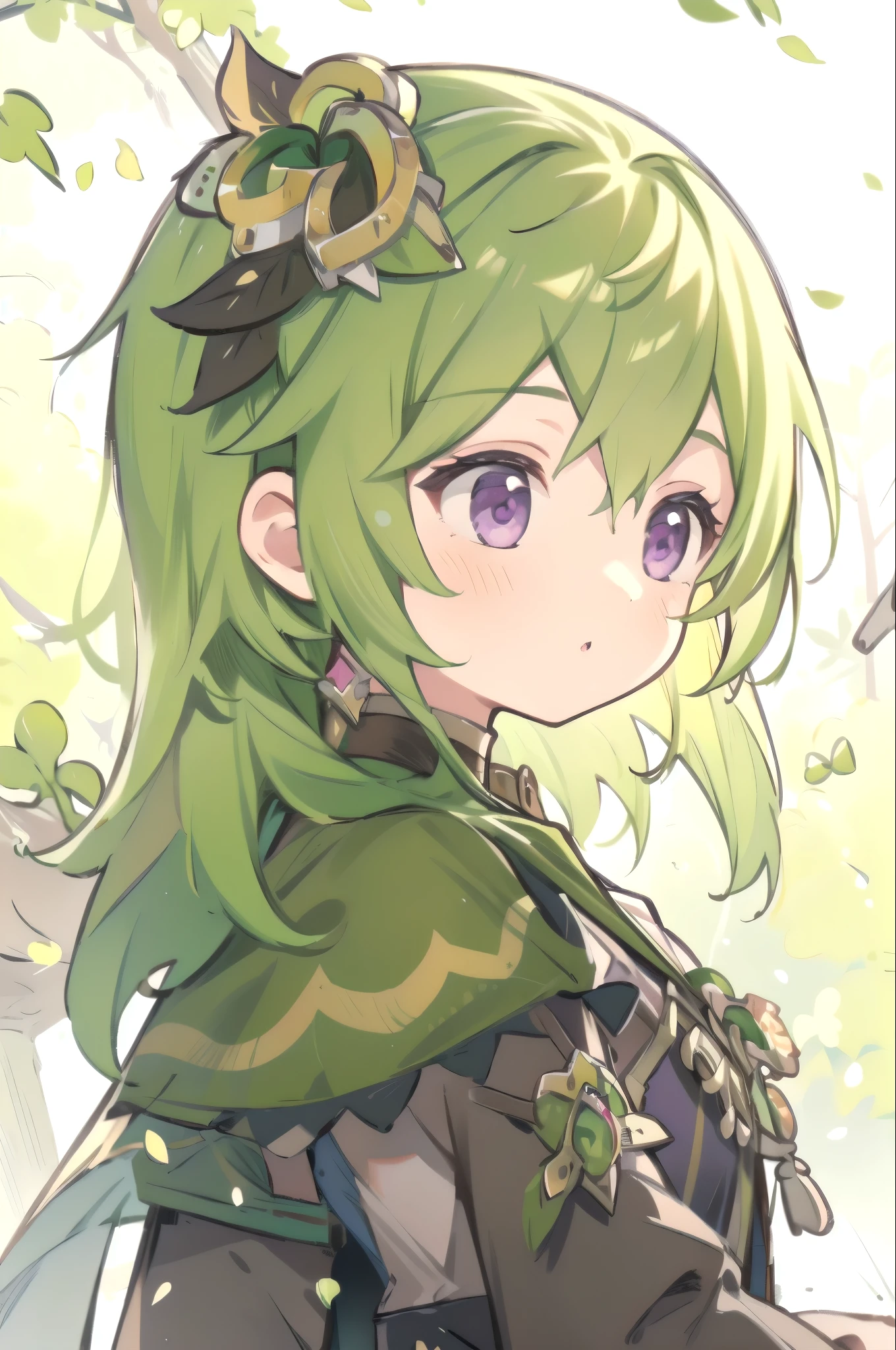 1 girl solo, green hair, purple eyes, long brown sleeves, brown dress, golden accessories, golden hair accessory, Slight vintage color,planar,,illustration,adolable,Leave white space,low-saturation,Lots of flowers,Individually arranged,leafs,branches,in the tropical forest, trees, flowers, mushrooms