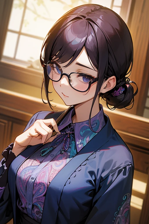 Beauty、designer、Baisley Shirt、Glasses、Beauty、Medium breast、Stylish、Paisley、白に黒のPaisley模様、