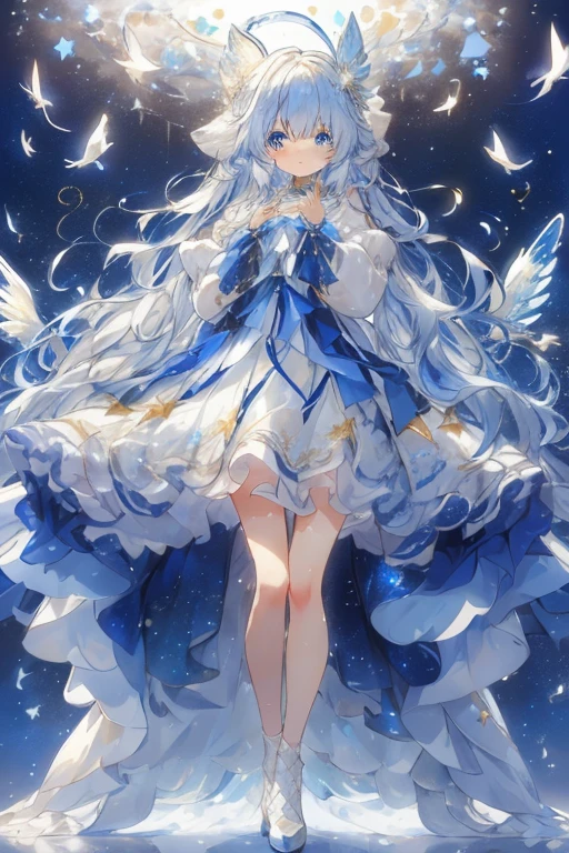 A sparkling, cute atmosphere inspired by the constellations. She is a beautiful moe anime style girl with big sparkling blue eyes and a fluffy look. Full body. She wears a starry sky-colored dress with fine delicate ruffles and many ribbons and star-shaped ornaments. She has fantastic, delicate, translucent white wings that give off an aura of magical light that accentuates the fantastic atmosphere. Her long hair is voluminous and wavy. Ribbons adorn her hair, giving her a cute and whimsical look. The background is a dreamy dance of dust with a faint glow. The sky is a beautiful starry sky, the soft blue enhancing her fantastic and gentle atmosphere. (( highest image quality, highest quality ))