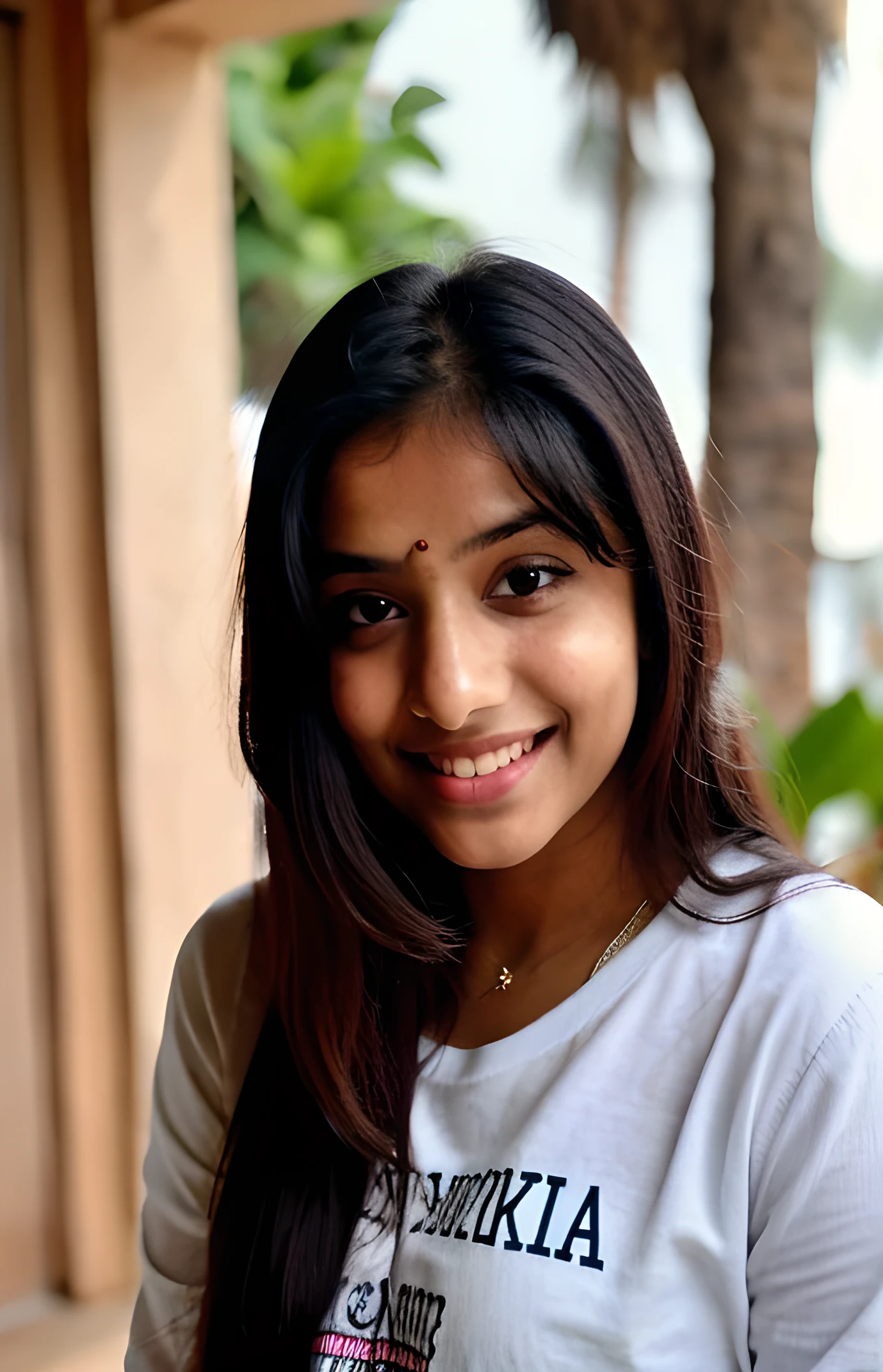 beautiful south indian lady, 20 year old, cute smile, black eyes, long hair, cute, hyper detailed photography, soft light, head and shoulders portrait, cover, wearing full hand shirt