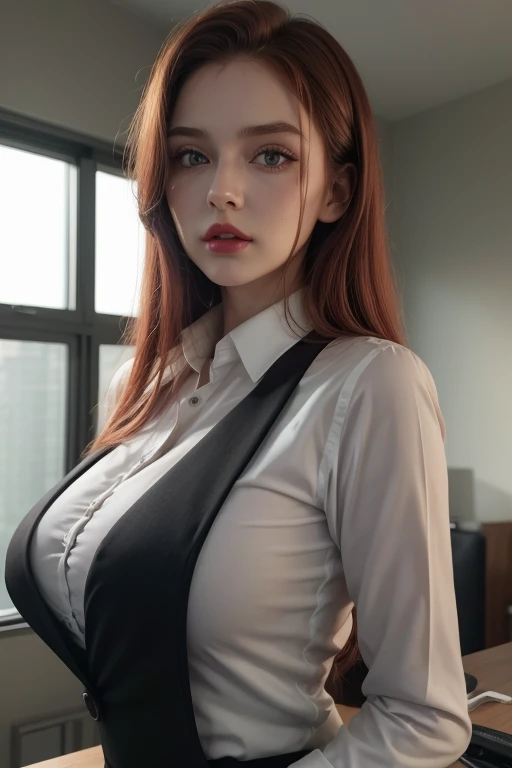 Miniature model of a Woman wearing a black in business suits clothes, a white in dress shirt, high face quality, biggest breasts,green eyes, red lips,huge longest red hair,perfect face, Ultra-realism, Details, 8K, High quality, Full HD