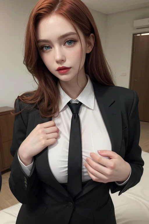 Miniature model of a Woman wearing a black in business suits clothes, a white in dress shirt, high face quality, biggest breasts,green eyes, red lips,huge longest red hair,perfect face, Ultra-realism, Details, 8K, High quality, Full HD