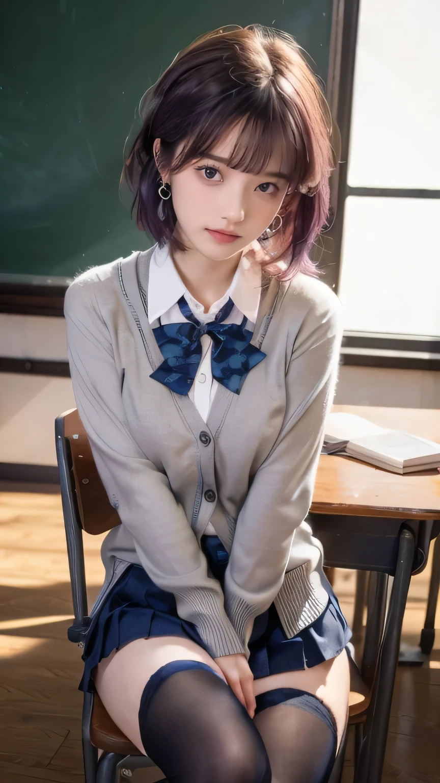 (masterpiece:1.2, highest quality), (Realistic, photoRealistic:1.4), Beautiful illustrations, (Natural Side Lighting, Cinema Lighting), 
View your viewers, whole body, 1 female, Japanese, 22 years old, High School Teacher, Perfect Face, Cute and symmetrical face, Shiny skin, Baby Face, 
(short hair, Messy Hair, Light purple hair), Braided bangs, Asymmetrical bangs, Deep purple eyes, (Middle chest, Captivating thighs, Big Ass), Earrings, 
Beautiful Hair, Beautiful Face, Beautiful fine details, Beautiful clavicle, Beautiful body, Beautiful breasts, Beautiful thighs, Beautiful feet, Beautiful fingers, 
((Light grey green cardigan, Closed clothes, Navy blue pleated mini skirt, White collared shirt), Dark red bow tie, Black thigh-high socks), 
(Beautiful views), evening, 2024, classroom, blackboard, sitting school chair, Crossing your legs, (Proud face),