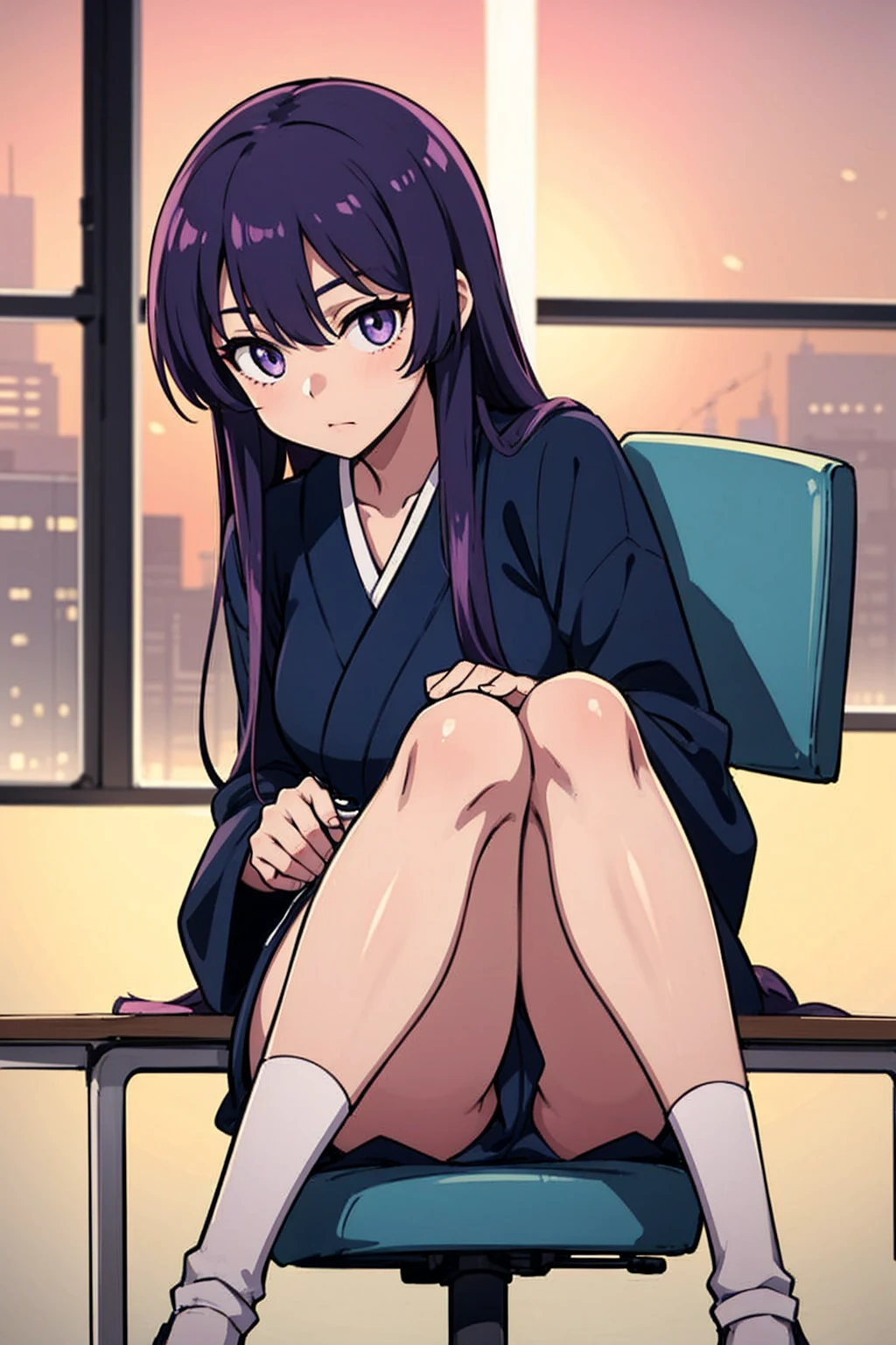 1 Girl, Long midnight purple hair, Golden light eyes, Sitting in the classroom, White modern school, Japanese cartoons