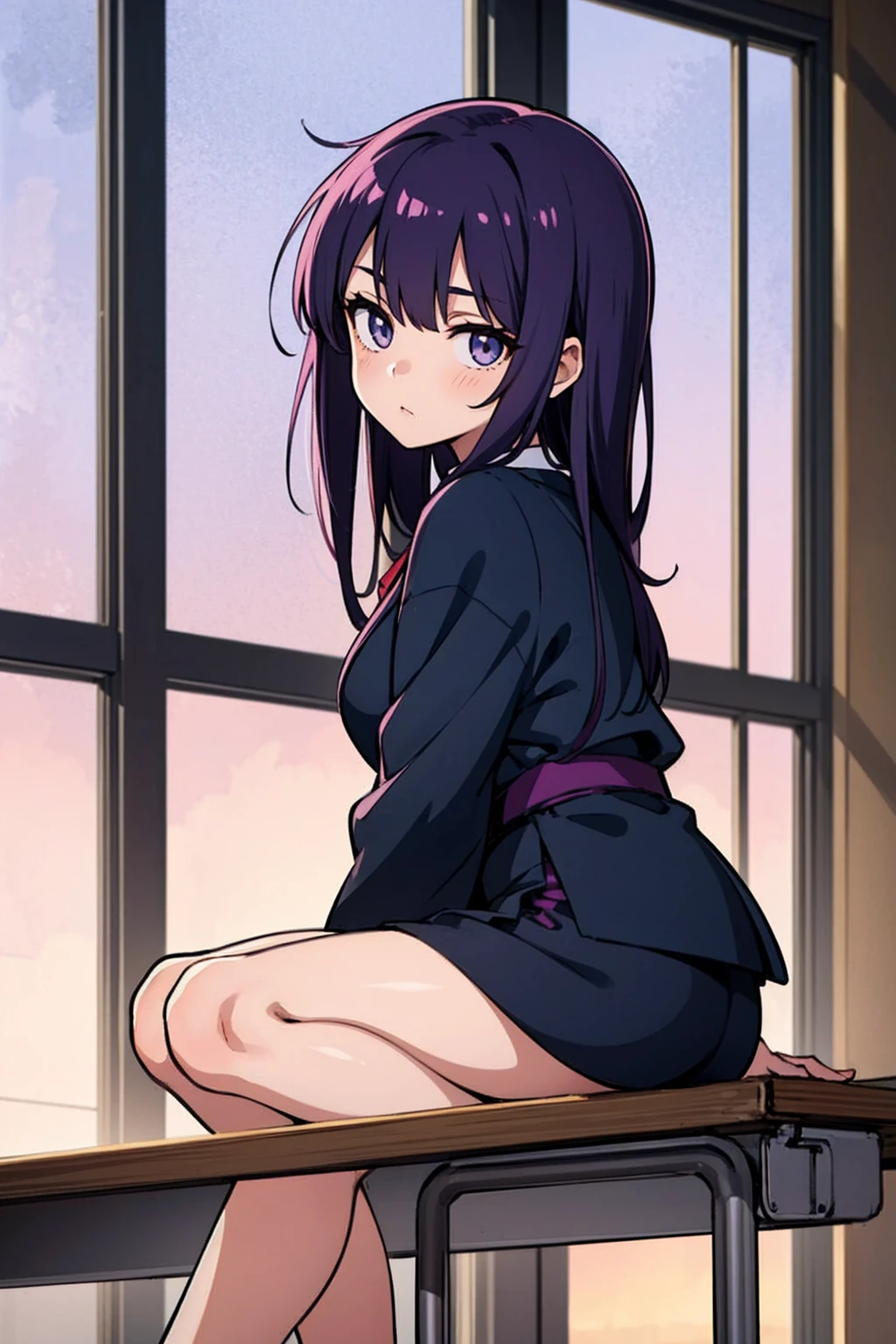 1 Girl, Long midnight purple hair, Golden light eyes, Sitting in the classroom, White modern school, Japanese cartoons