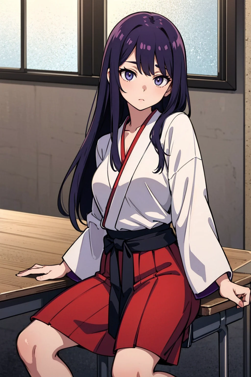 1 Girl, Long midnight purple hair, Golden light eyes, Sitting in the classroom, White modern school, Japanese cartoons