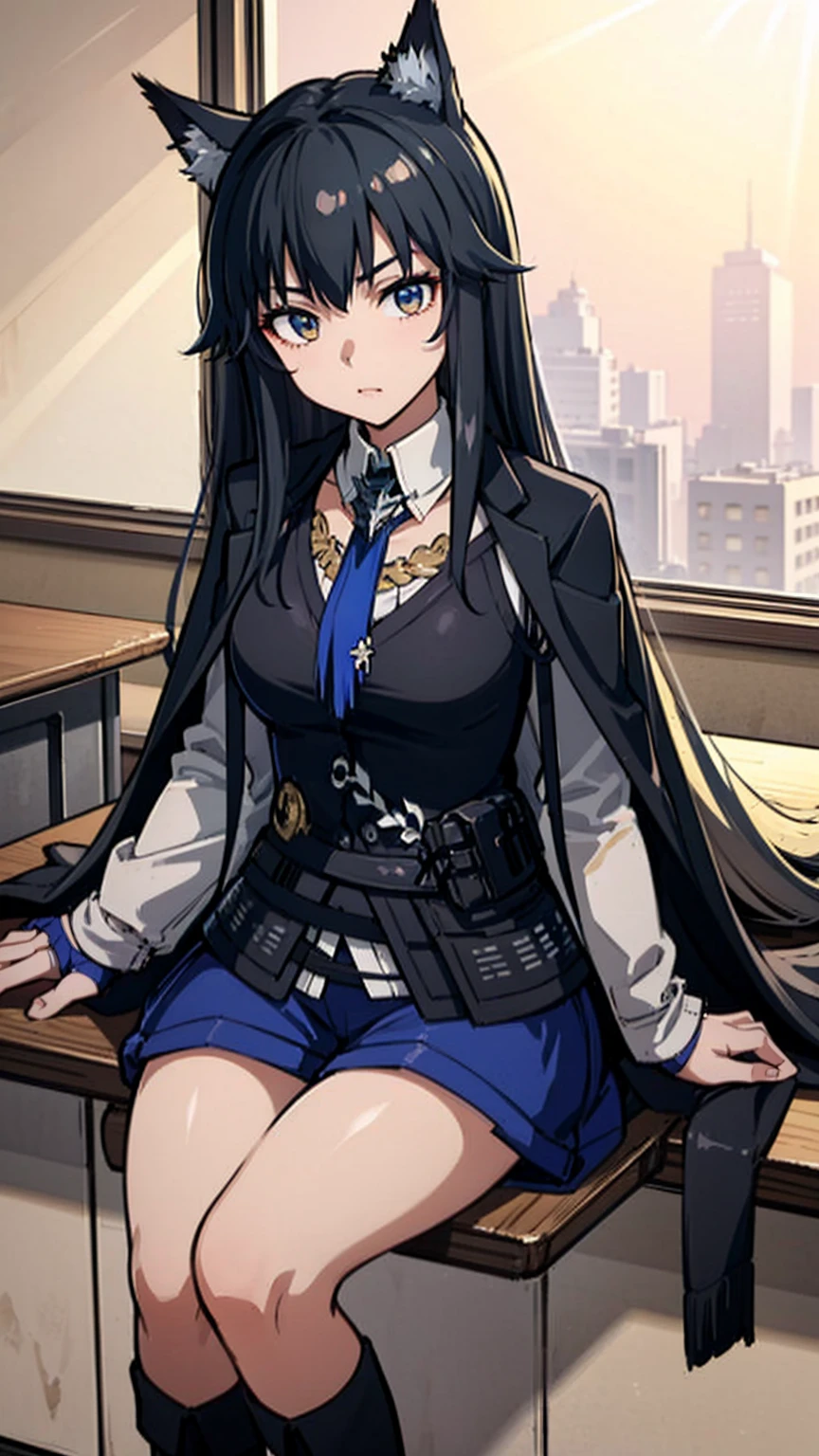 1 Girl, Long Midnight Black Hair, Golden light eyes, Sitting in the classroom, White modern school, Japanese cartoons