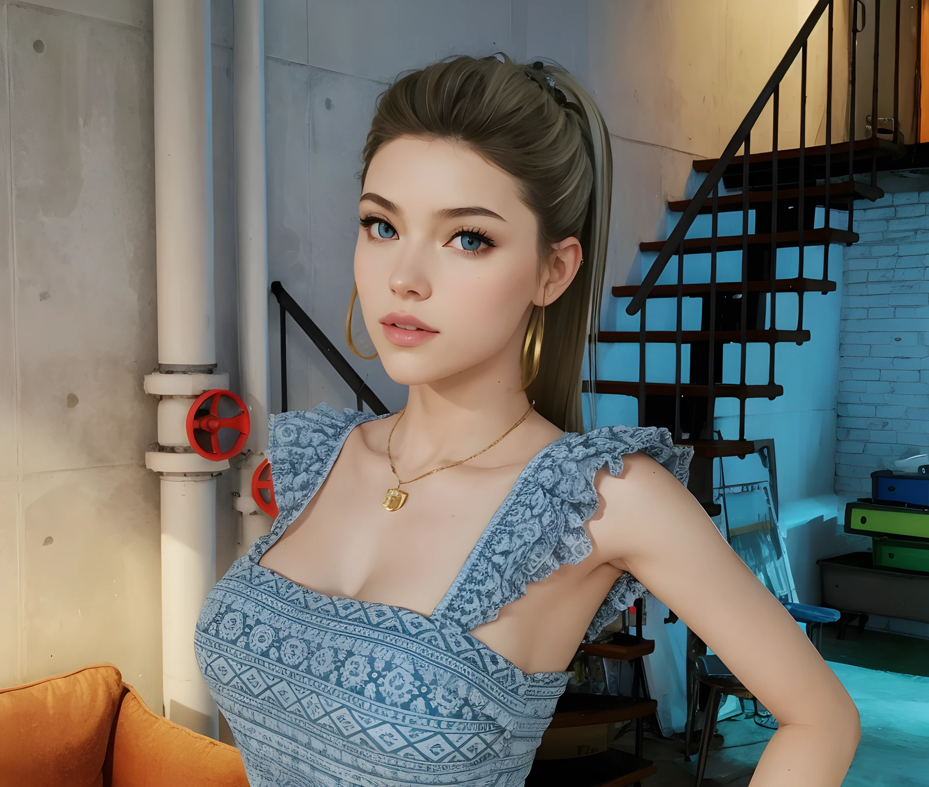 Beautiful big breastokeh), indoors, detailed luxury living room, gentle and charming beautiful goddess, Korean(kpop-idol), solo, necklace, oval face, double eyelids, smart, good hands, good feet, Natural, (from below angle), (glossy skin:1.05), ((low angle)), Perfect figure, (k, UHD, RAW photo, best quality, masterpiece:1.4), (realistic, photo-realistic:1.37), ultra high res, photon mapping, radiosity, physically-based rendering, professional soft lighting, blue eyes, red light hair color, sexy smile
