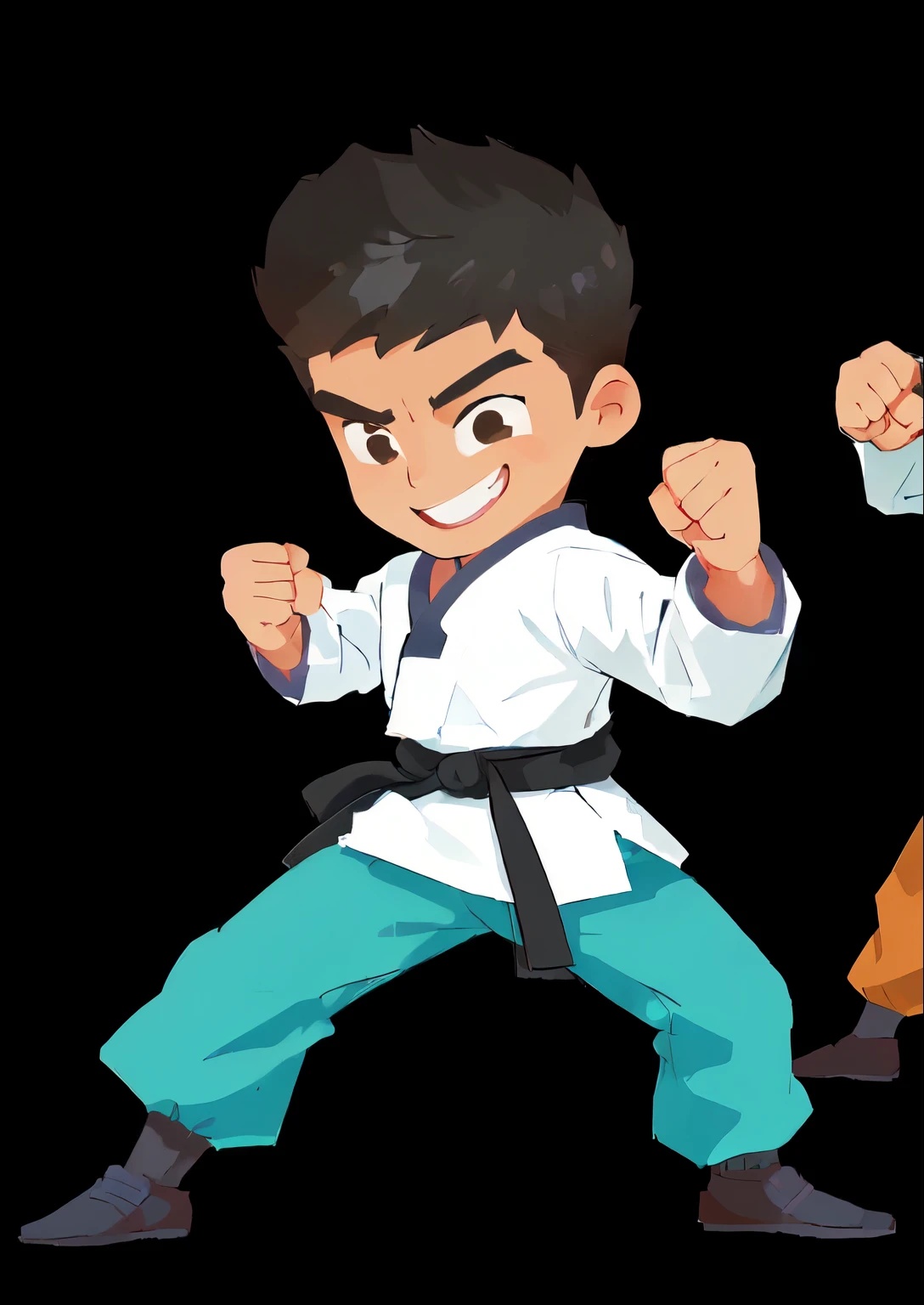 cartoon illustration of two men in karate gear doing a kick, martial art pose, karate pose, fighting stance, doing martial arts, fighting game character, martial arts, karate, game asset of fighters, cartoon illustration, martial arts tournament, cartoon style illustration, fighting pose, karate kick, fighting stance energy, fight pose, fighter pose, fighting posture, karate outfit, smiling brave face