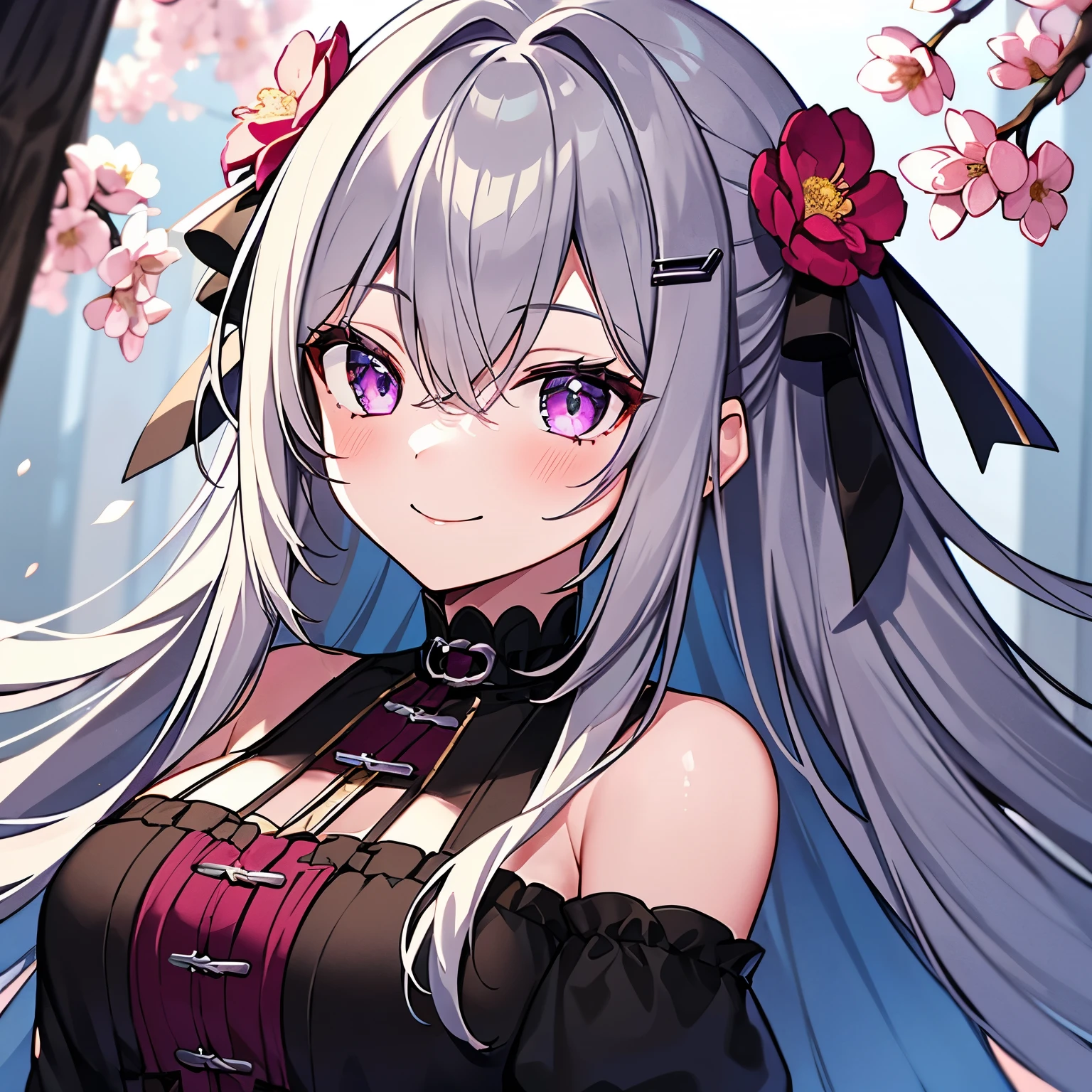 1 girl,Red mixed grey hair,27-years old,Glowing purple eyed,Ultra detailed eyes,Casual outfits,melody clips,magnolia flower on hairs,long hair,smile warmly(((8k)))