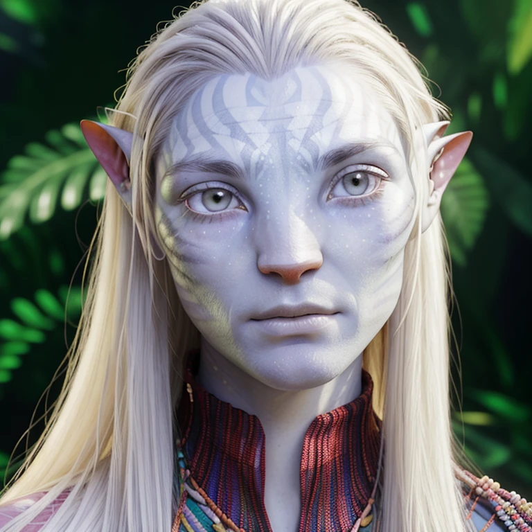 avatar style, (face portrait:1.4), naavi, 1boy, male, ((red eyes)), ((eyebrowless)), pointy ears, (white skin tone:1.0), (straight hair:1.0), silver hair color, ((long hair)), (young adult), 18 years old, face wrinkles, wearing colorful tribal clothing, (wearing tribal acessories), detailed eyes, toned body, muscled body, vibrant colors, glowing, ethereal atmosphere, surrealistic dreamy lighting, textured skin, otherworldly beauty, mesmerizing photography, (best quality, highres), vivid colors, ultrarealistic, skin details, striped skin, sfw, face close-up:0.5, ultradetailed body, ((white skin)), (albino person), albinism:1.5, AvAonung