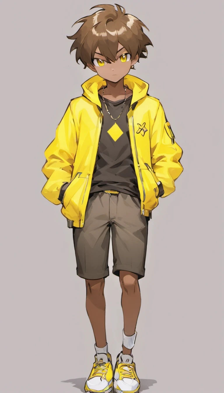 Solo Male, Dark Skin, Bowl Hair Cut (Yellow), Fierce Eyes (Brown), Pokemon Trainer Jacket (Black), Short Pants (Yellow), Sneakers (White Yellow), Hands In Pocket, Transparent Background, High Resolution, Look To Viewer